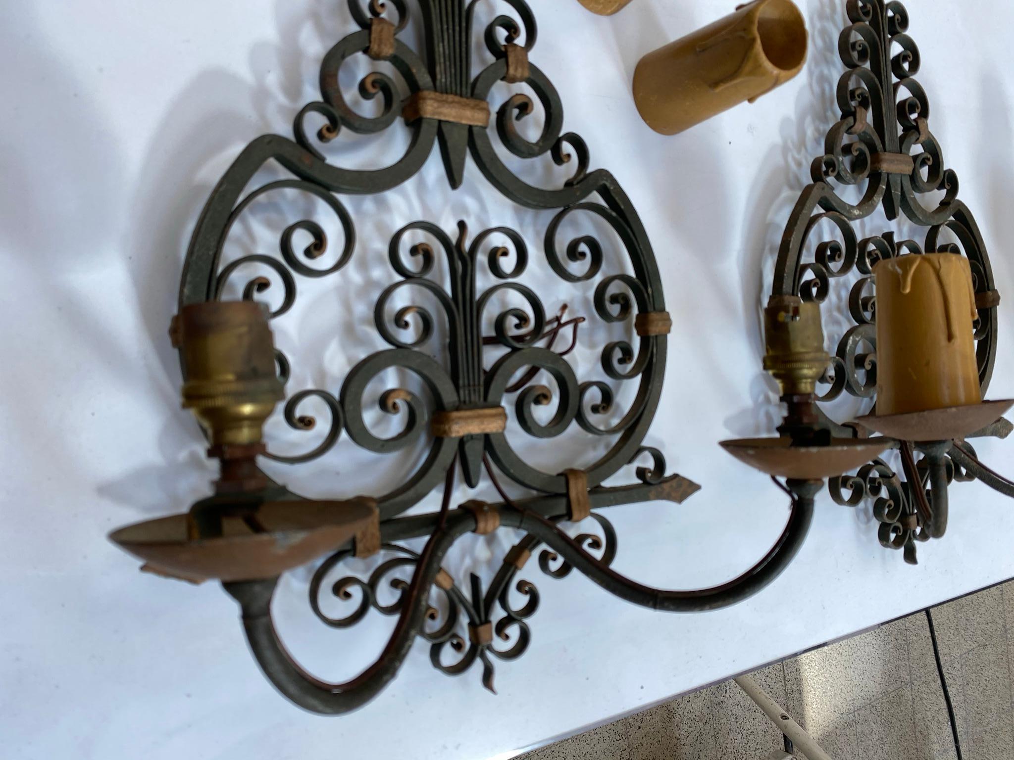 3 Wrought Iron, Art Deco Wall Sconces, French, 1940s For Sale 4