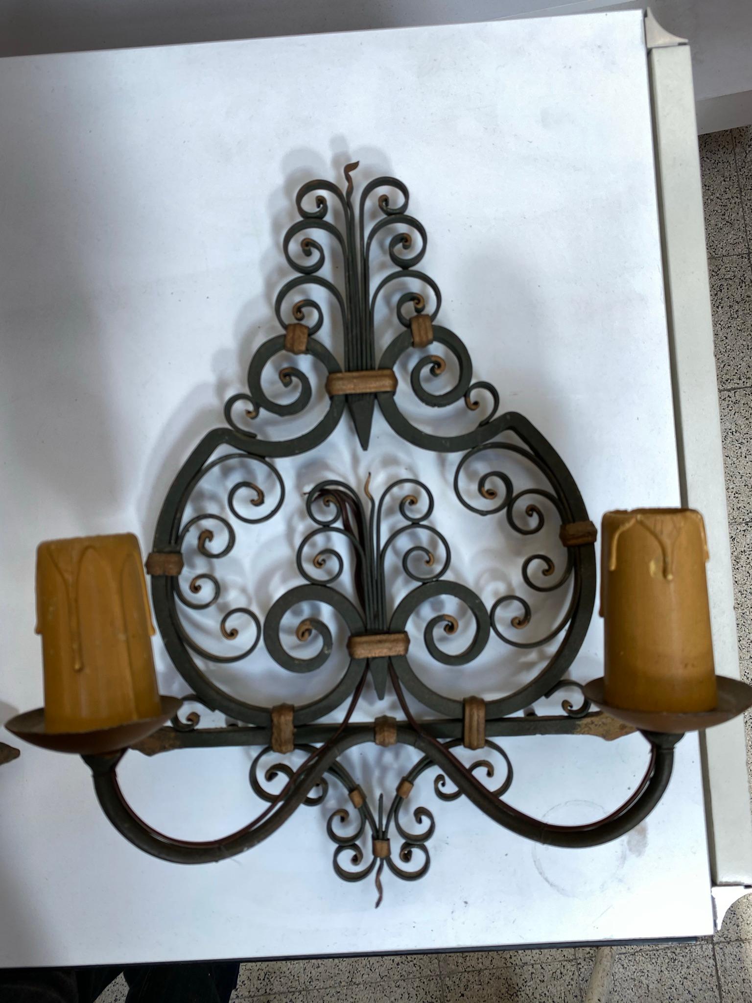 3 Wrought Iron, Art Deco Wall Sconces, French, 1940s For Sale 5