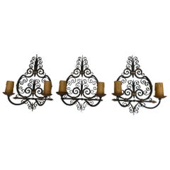 3 Wrought Iron, Art Deco Wall Sconces, French, 1940s