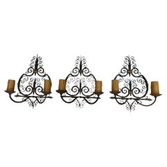 3 Wrought Iron, Art Deco Wall Sconces, French, 1940s