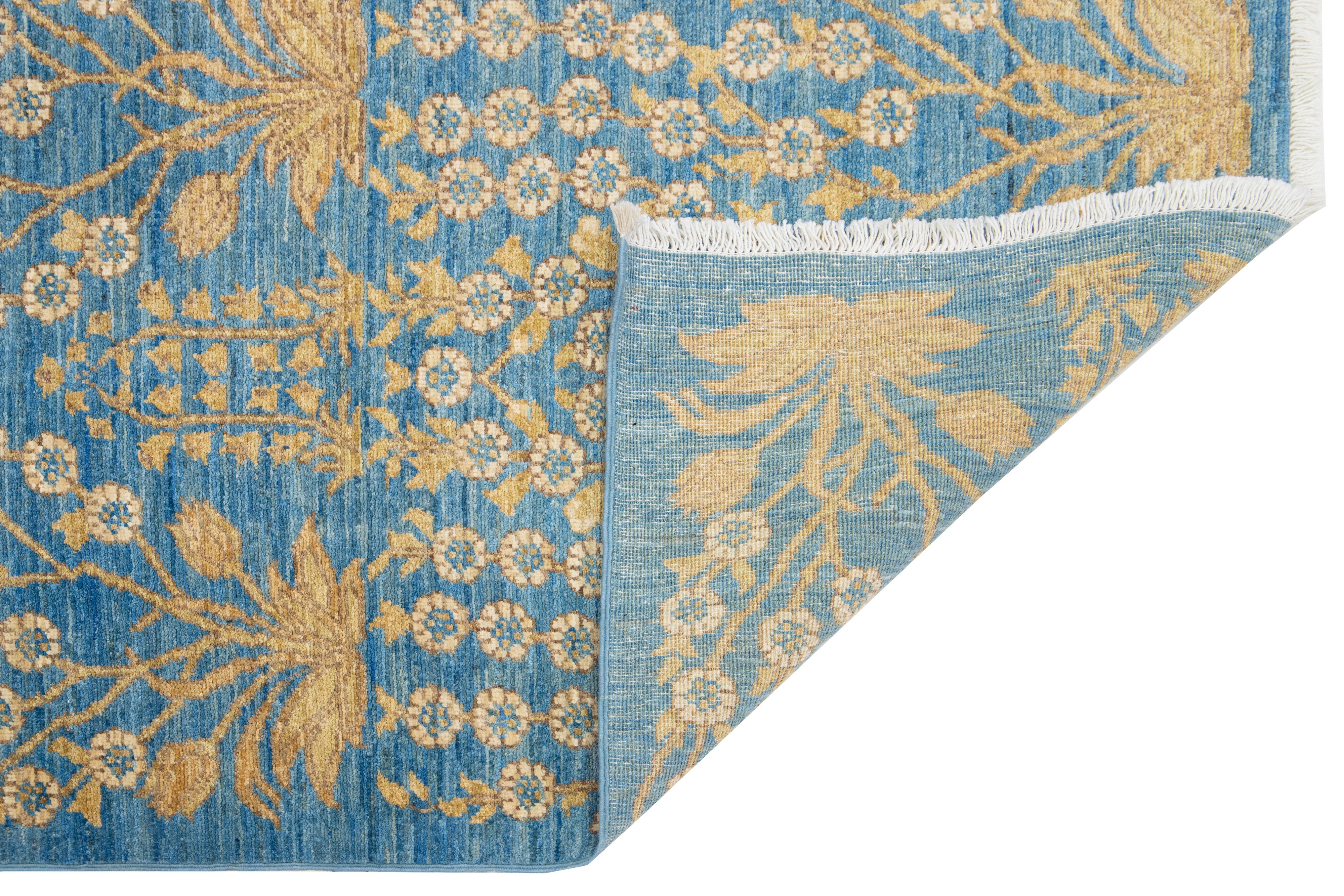 3 x 10 Blau Modern  Art & Crafts Wollteppich Handgefertigt mit Blumenmuster (Arts and Crafts) im Angebot