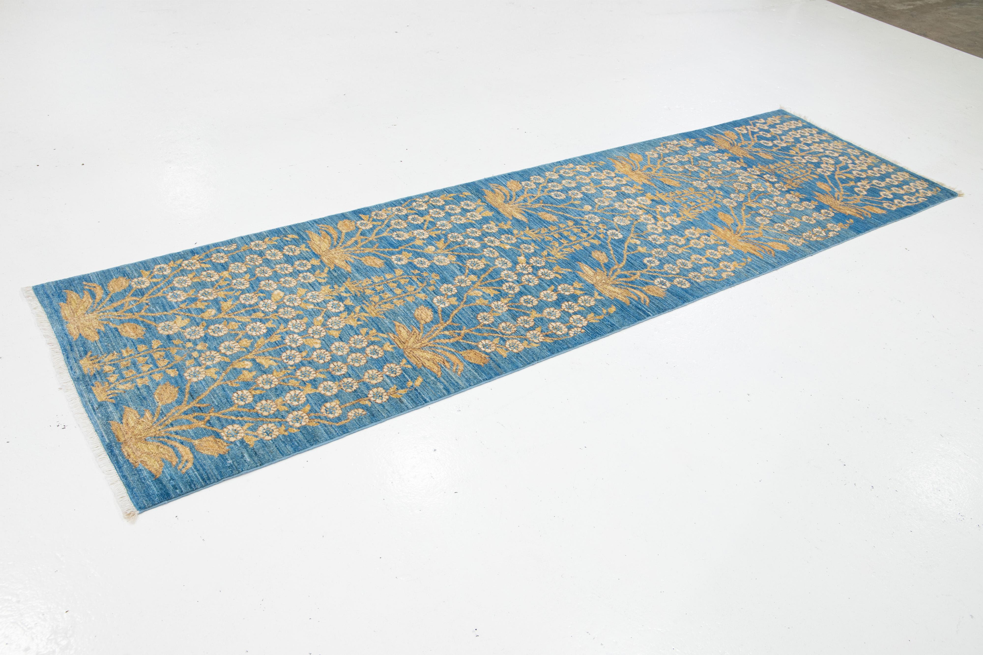 3 x 10 Blau Modern  Art & Crafts Wollteppich Handgefertigt mit Blumenmuster (Pakistanisch) im Angebot