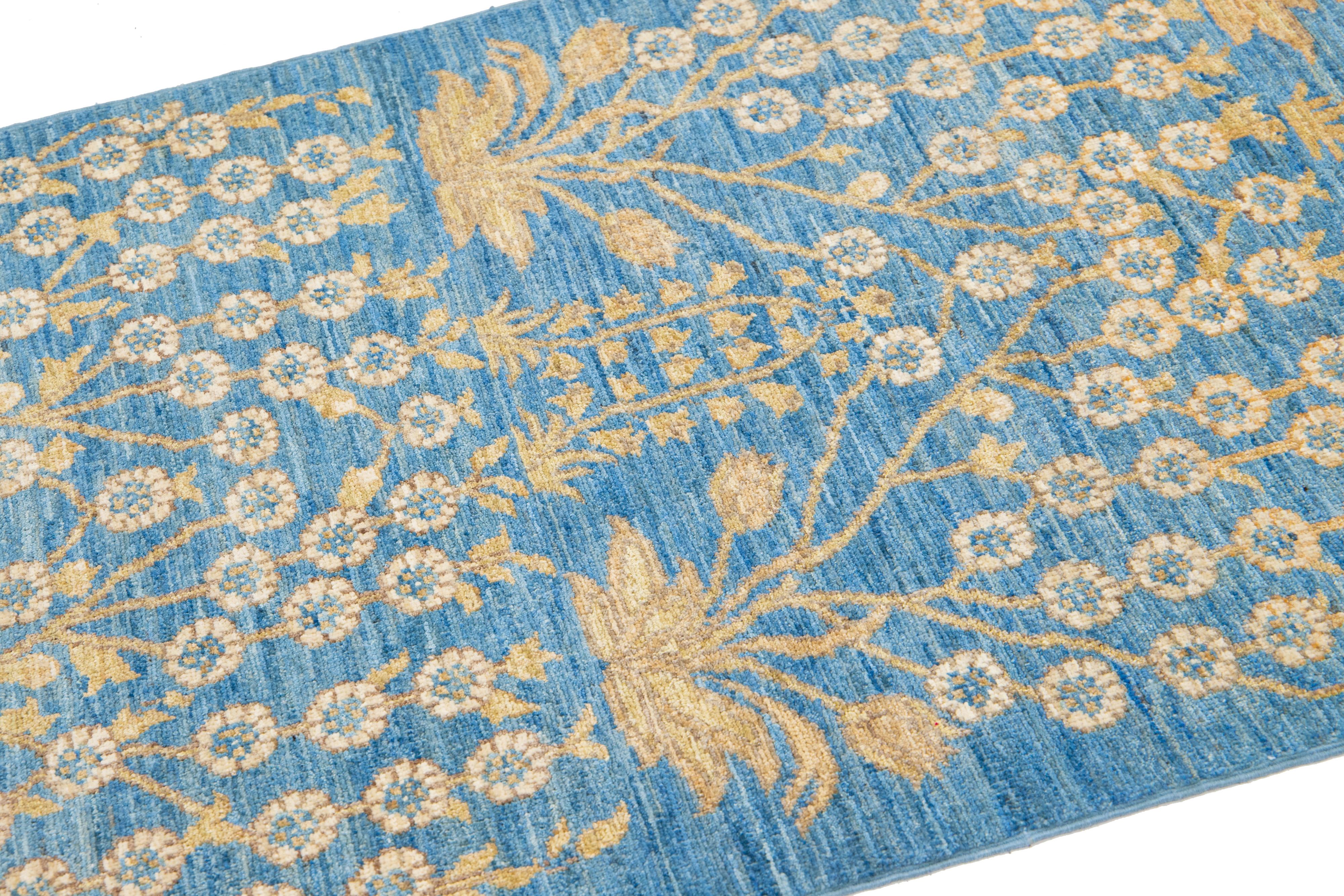3 x 10 Blau Modern  Art & Crafts Wollteppich Handgefertigt mit Blumenmuster (Handgeknüpft) im Angebot