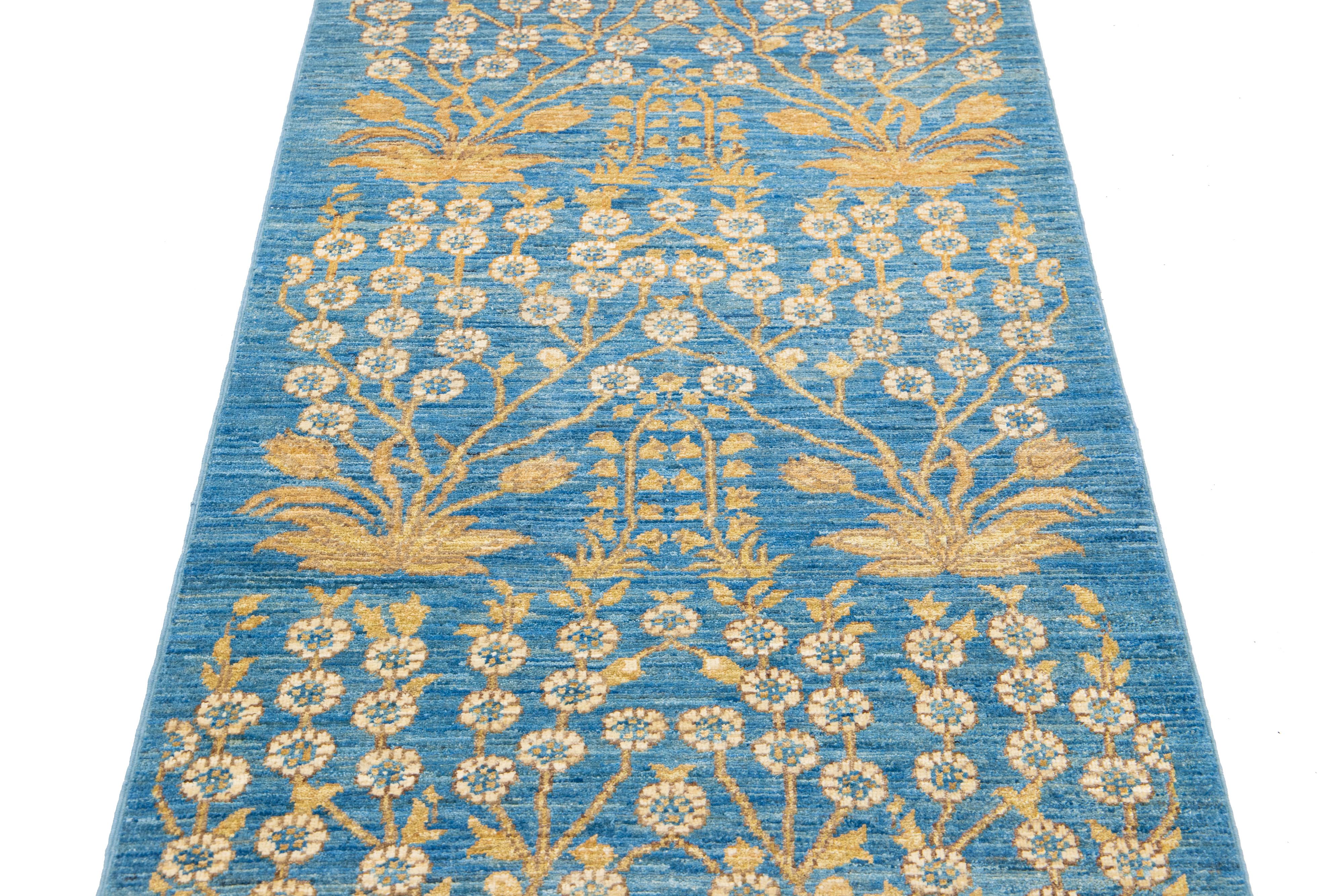 3 x 10 Blau Modern  Art & Crafts Wollteppich Handgefertigt mit Blumenmuster (21. Jahrhundert und zeitgenössisch) im Angebot