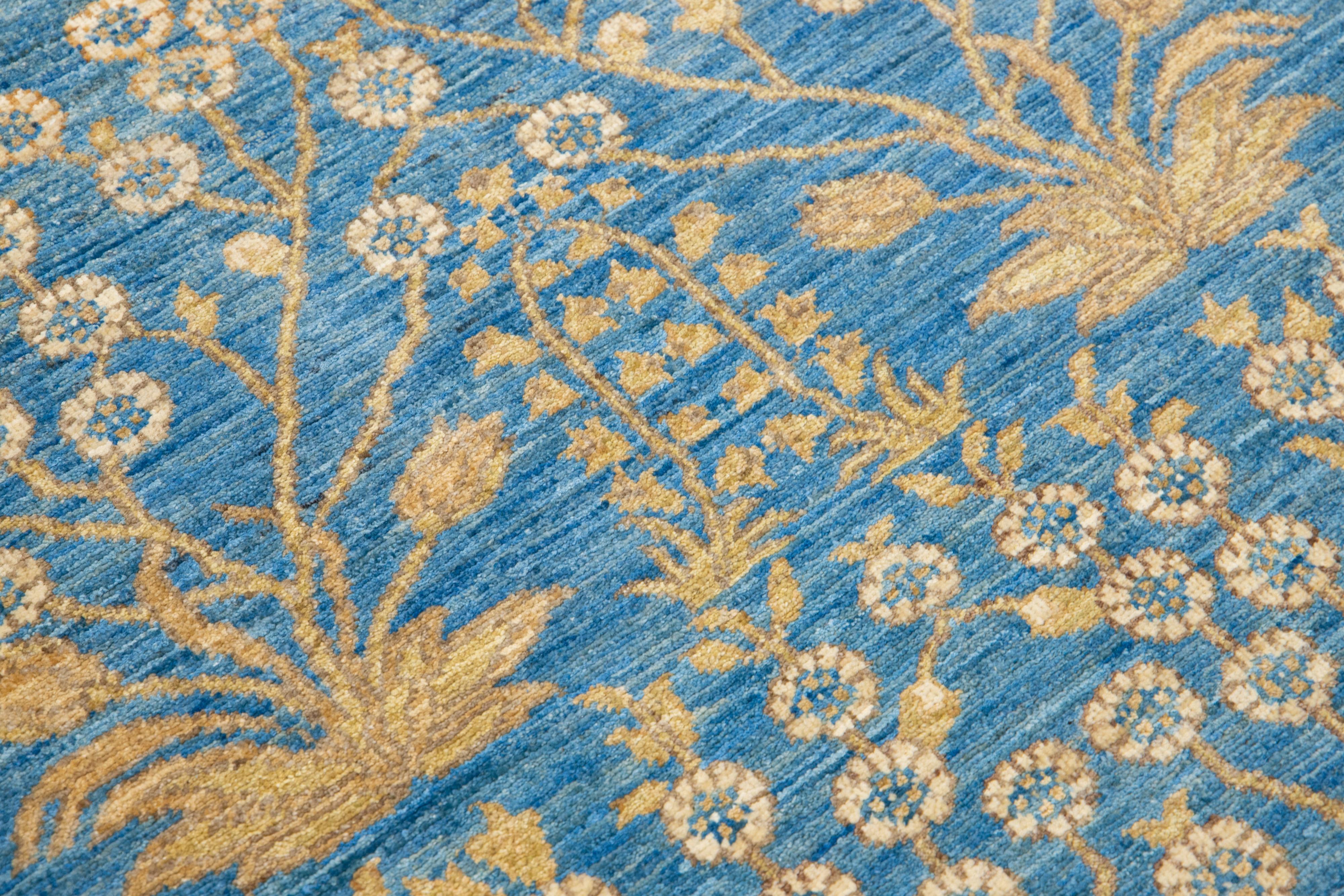 3 x 10 Blau Modern  Art & Crafts Wollteppich Handgefertigt mit Blumenmuster (Wolle) im Angebot