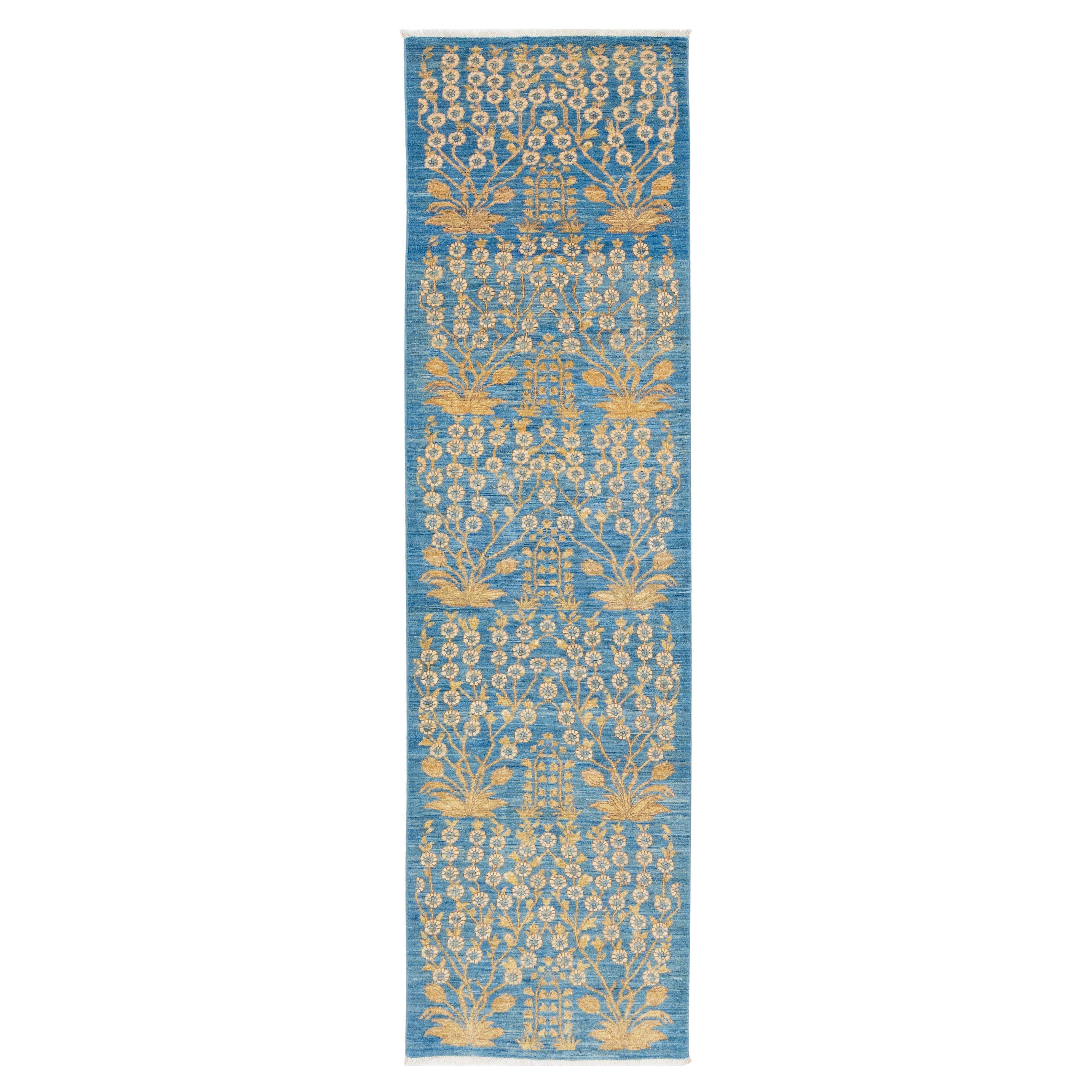 3 x 10 Blau Modern  Art & Crafts Wollteppich Handgefertigt mit Blumenmuster im Angebot