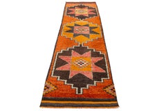 3 x 10 Vintage Turkish Wool Runner In Burnt Orange with Tribal Geometric Motifs