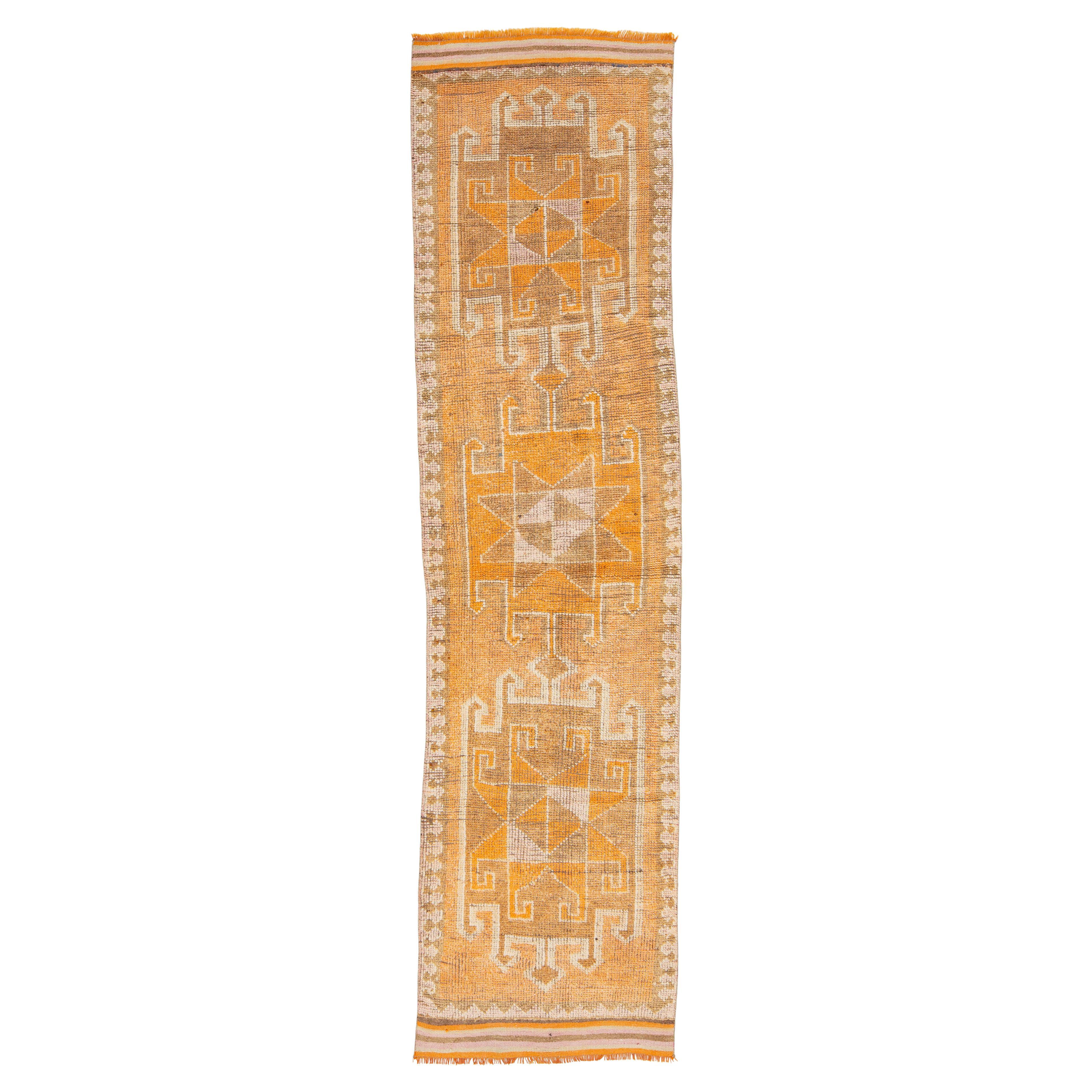 3 x 11 Handgefertigter Läufer aus türkischer Wolle im Vintage-Stil mit Sternmotiven und Erdtönen