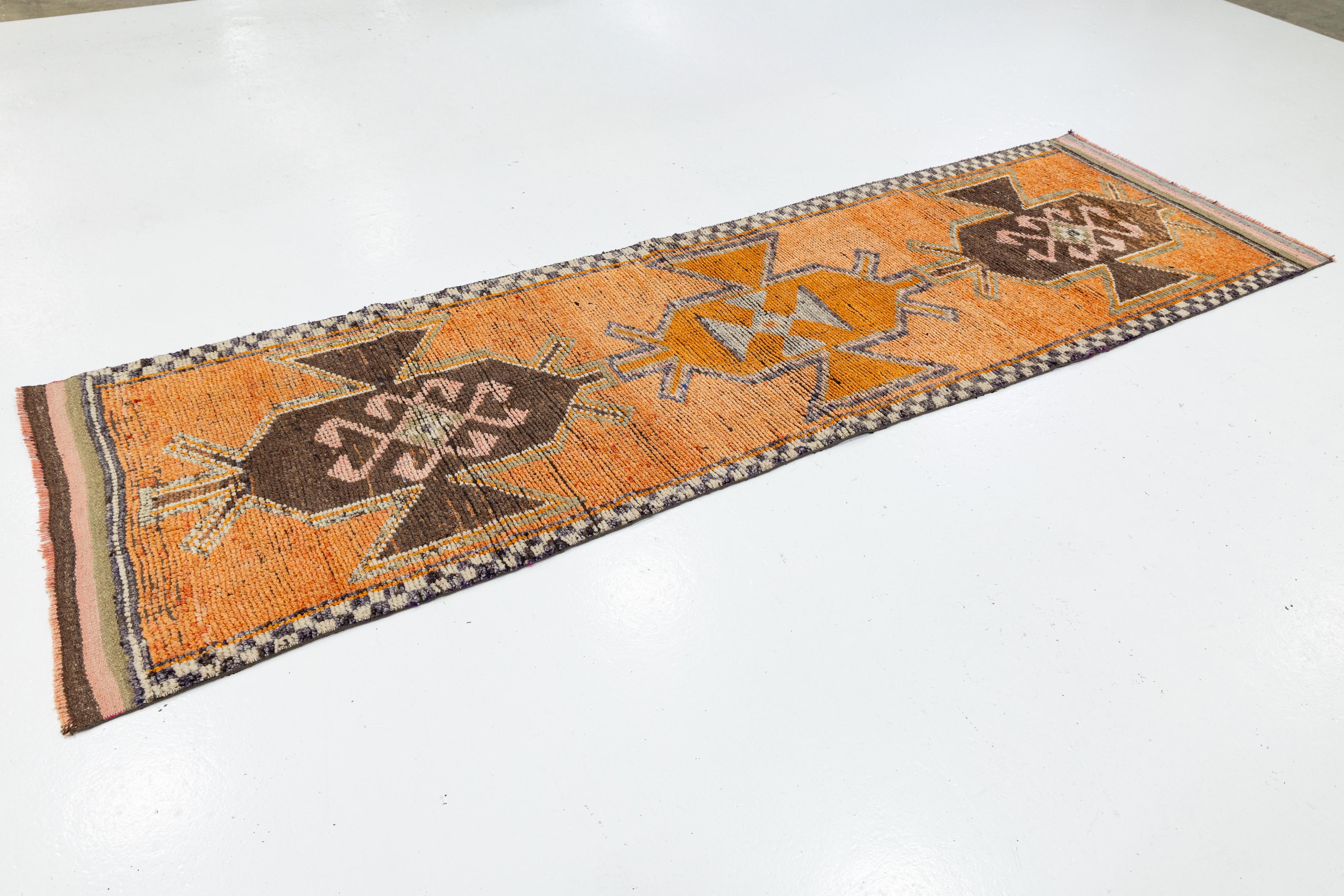 3 x 11 Läufer aus türkischer Wolle in Orange mit geometrischem Muster (Türkisch) im Angebot