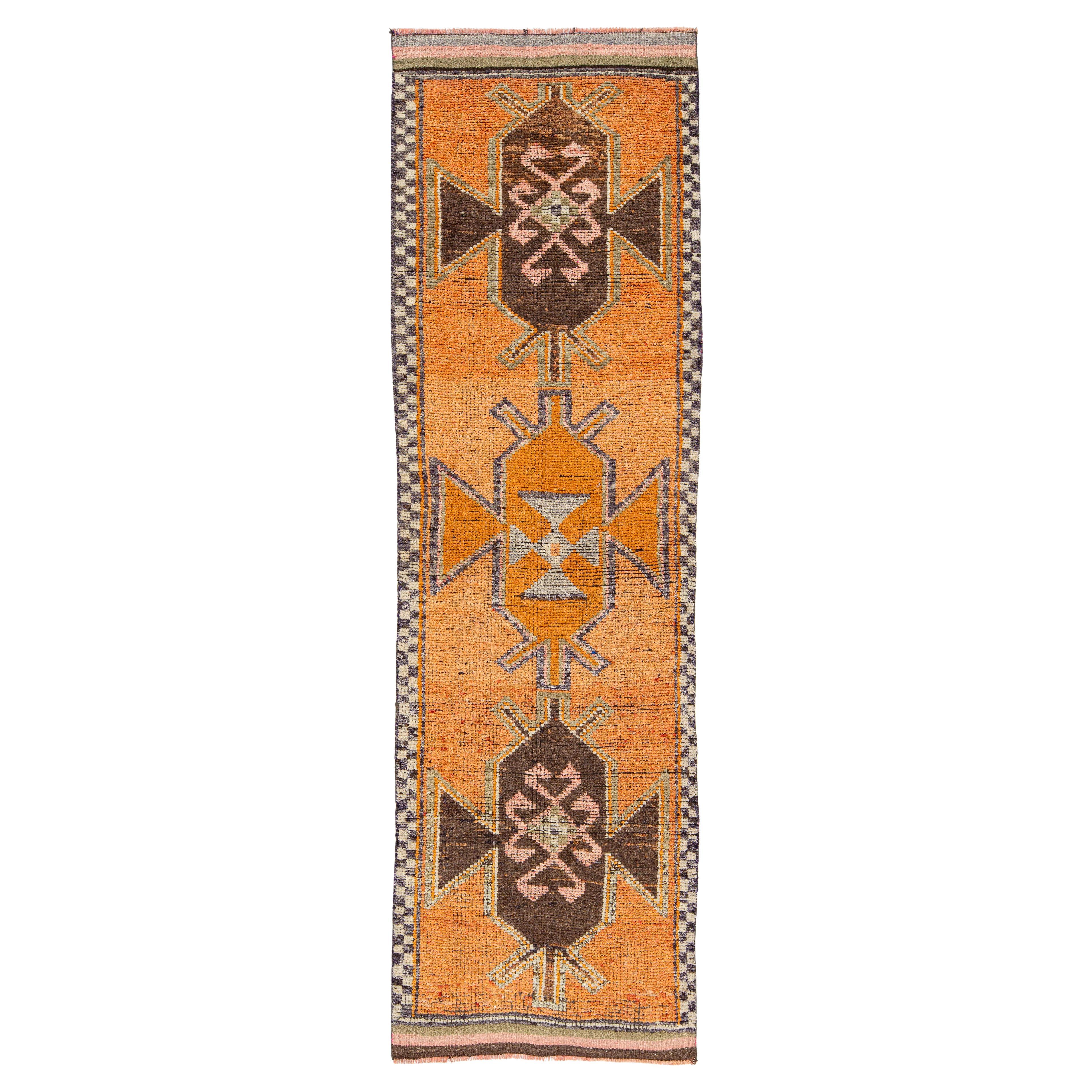 3 x 11 Läufer aus türkischer Wolle in Orange mit geometrischem Muster im Angebot
