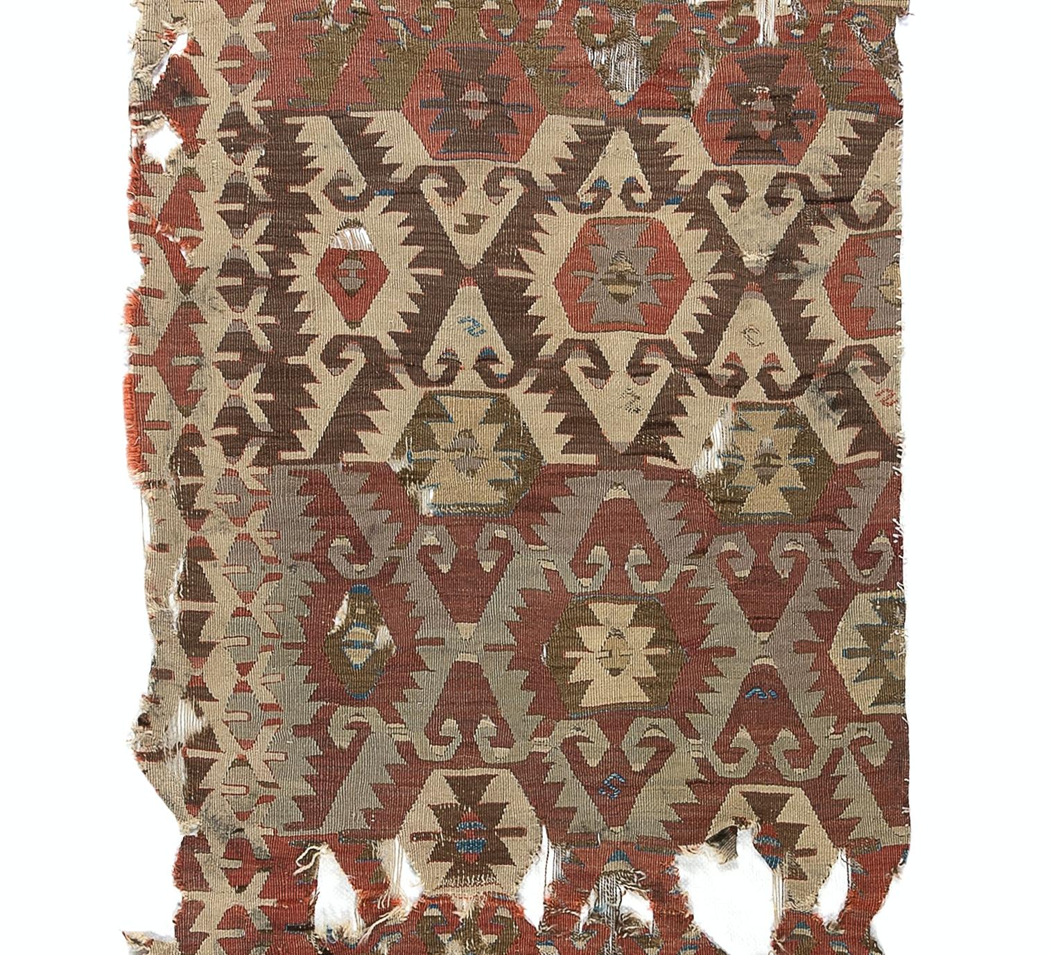 Hand-Woven 3' x 12'4'' Antique Turkish Sivrihisar Fragment Kilim Rug, 18th Century For Sale