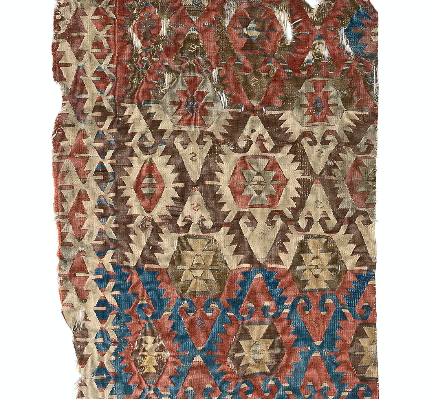 3' x 12'4'' Antique Turkish Sivrihisar Fragment Kilim Rug, 18th Century In Distressed Condition For Sale In Spring Valley, NY