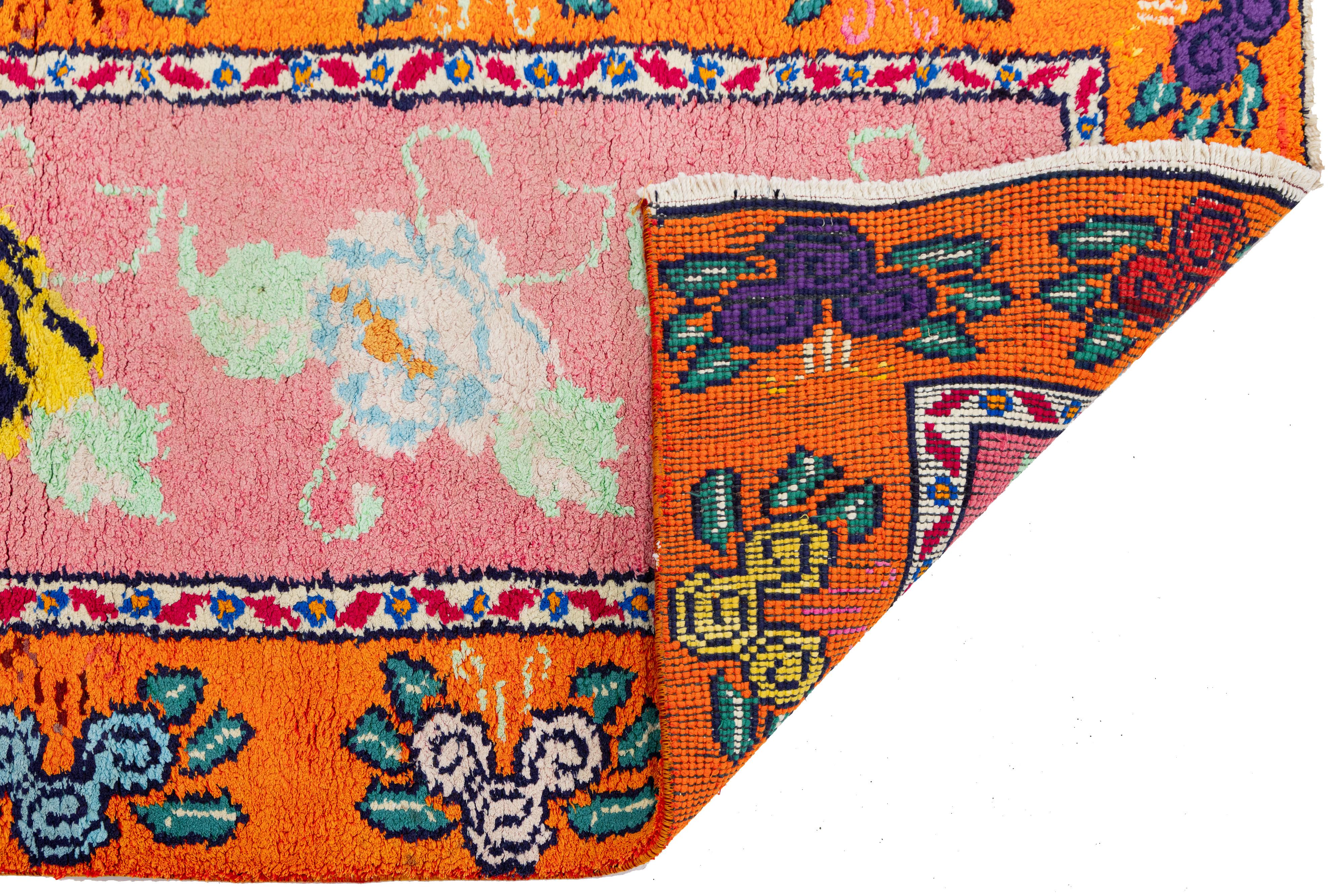 Mid-Century Modern 3 x 13 Handmade Vintage Turkish Wool Runner with Vibrant Floral Motifs For Sale