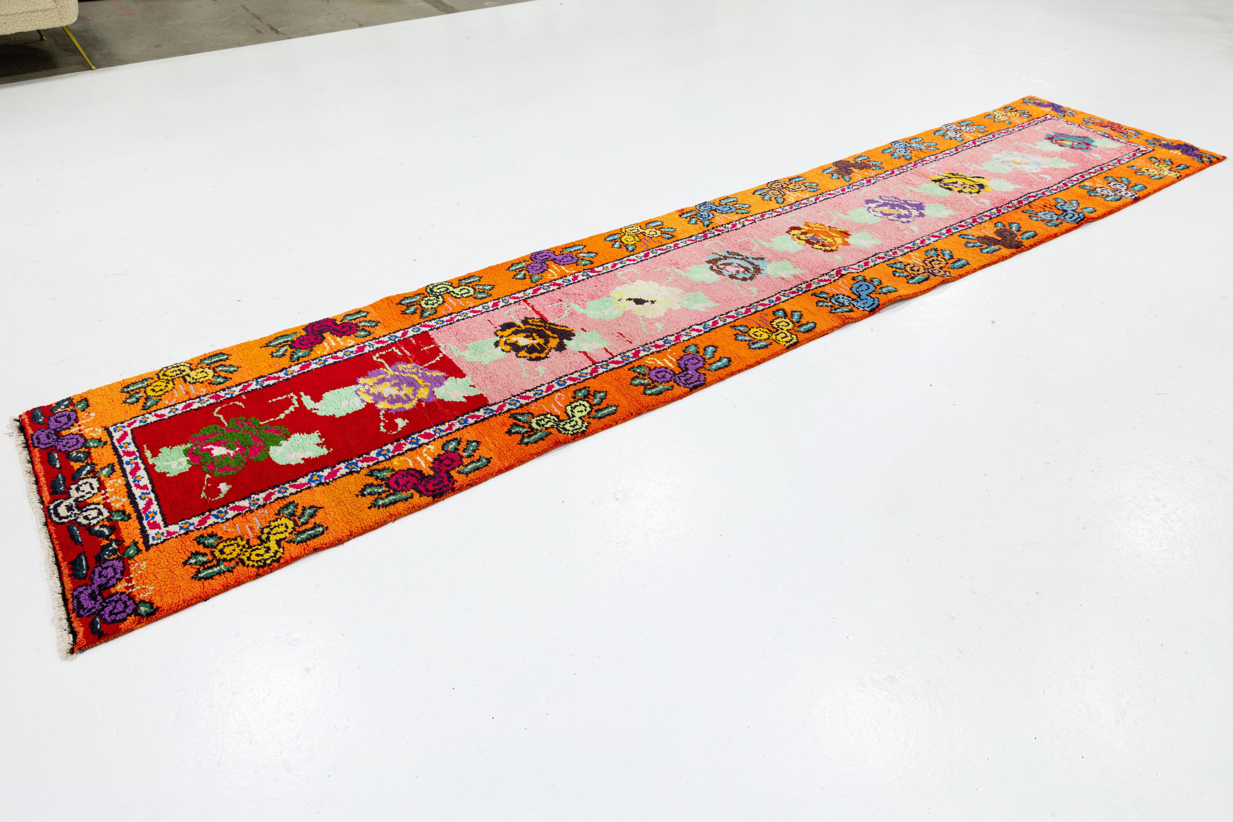 Hand-Knotted 3 x 13 Handmade Vintage Turkish Wool Runner with Vibrant Floral Motifs For Sale