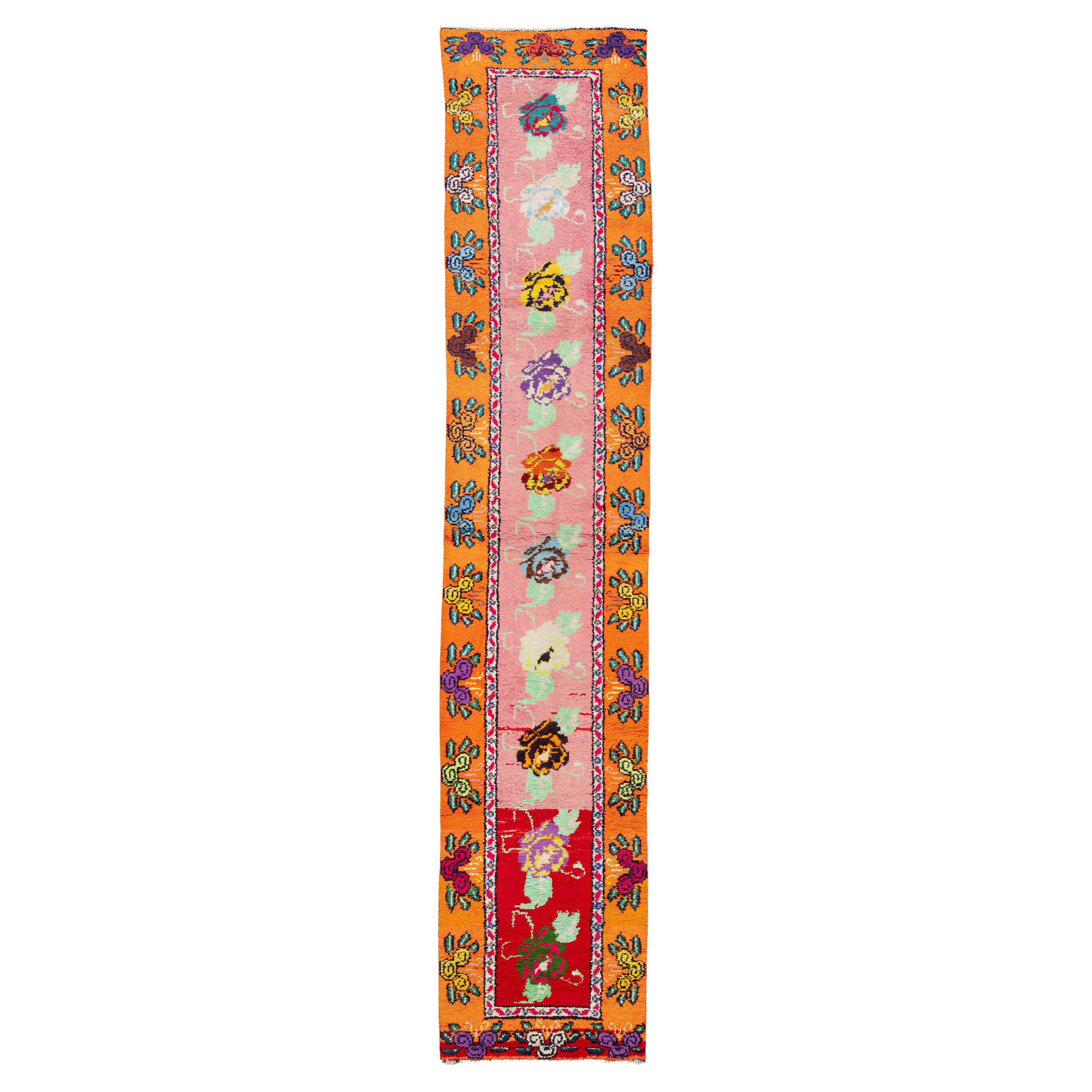 3 x 13 Runner in lana turca vintage fatto a mano con vivaci motivi floreali