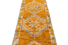 3 x 13 Vintage Hand-Knotted Turkish Orange Wool Runner with Geometric Motifs