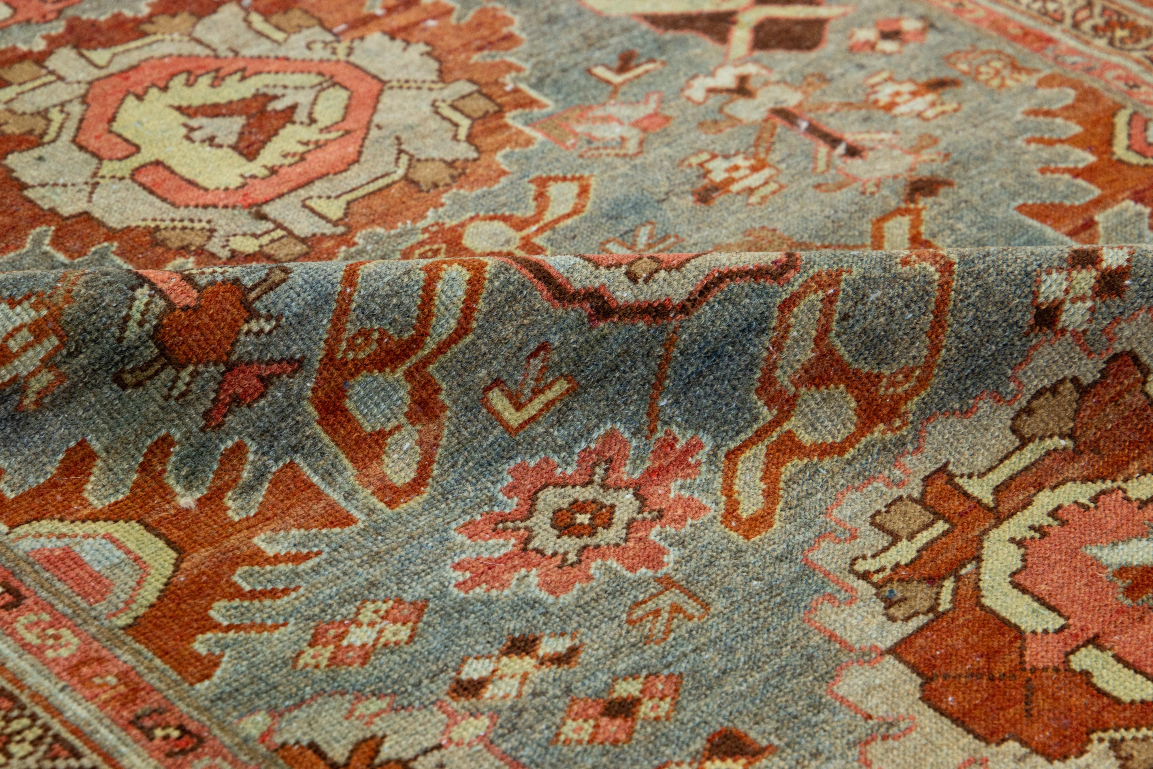 Heriz Serapi 3 x 14 Antique Handmade Heriz Wool Runner In Blue With Floral Design For Sale