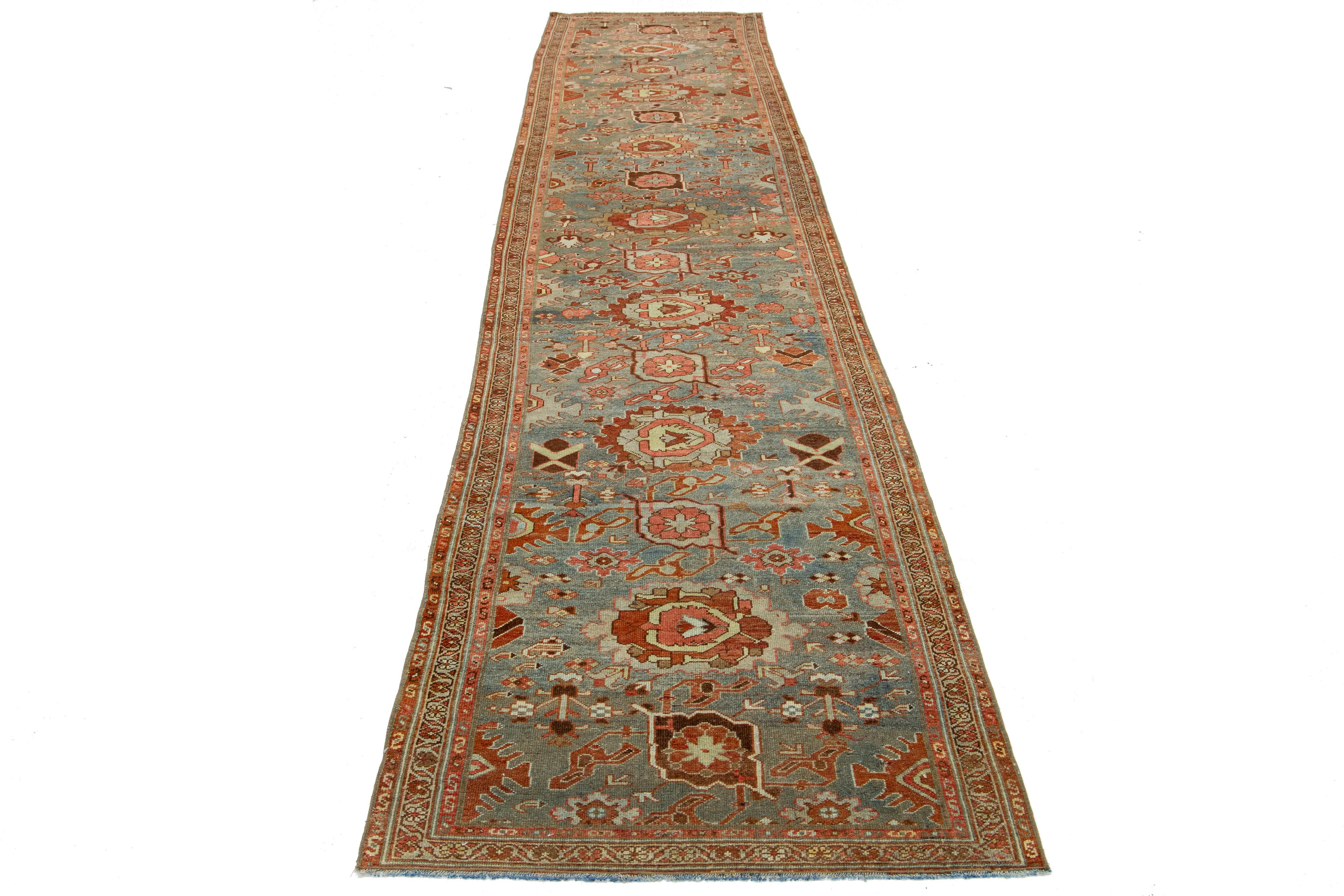 3 x 14 Antique Handmade Heriz Wool Runner In Blue With Floral Design In Excellent Condition For Sale In Norwalk, CT