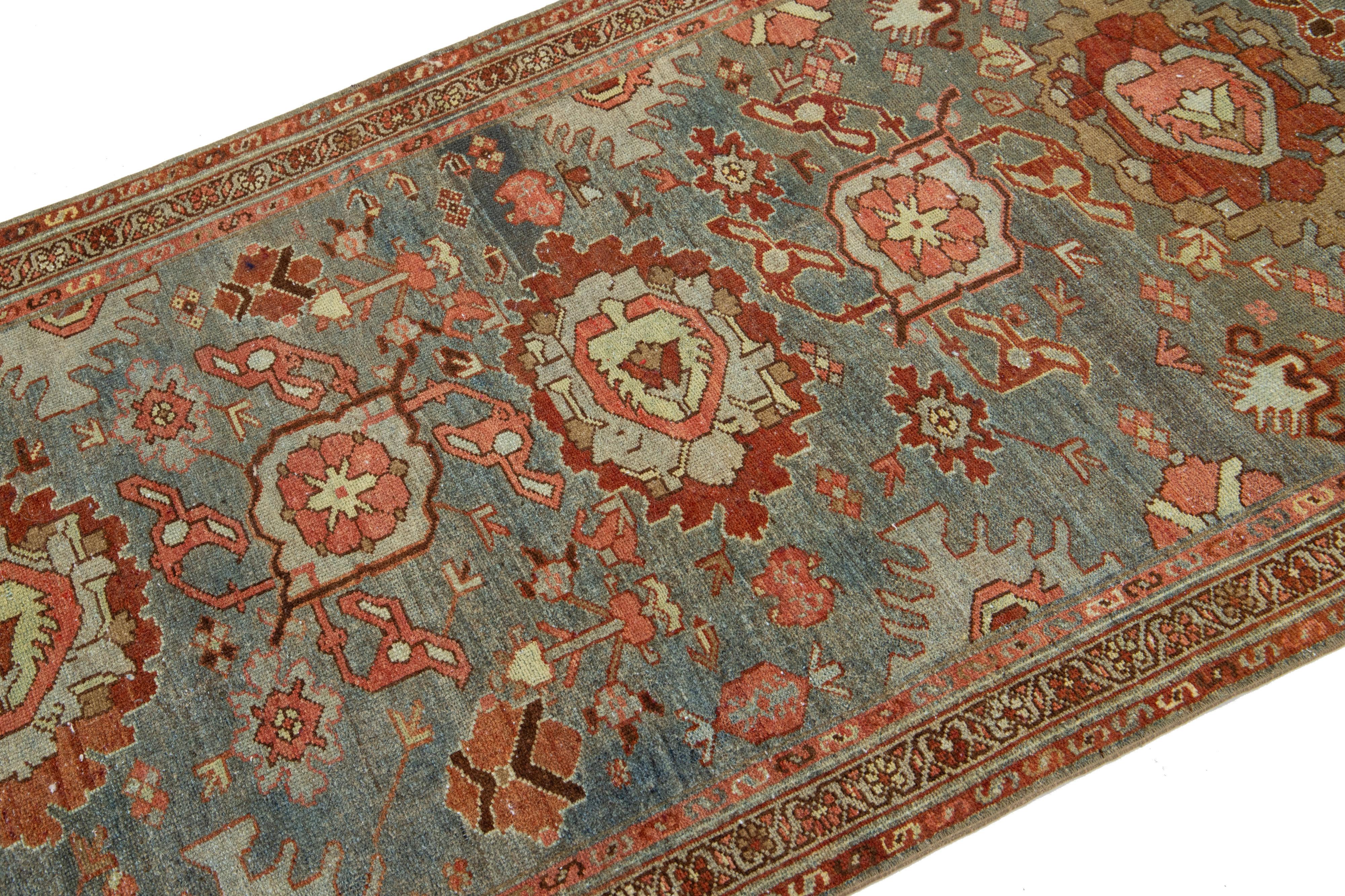 3 x 14 Antique Handmade Heriz Wool Runner In Blue With Floral Design For Sale 1