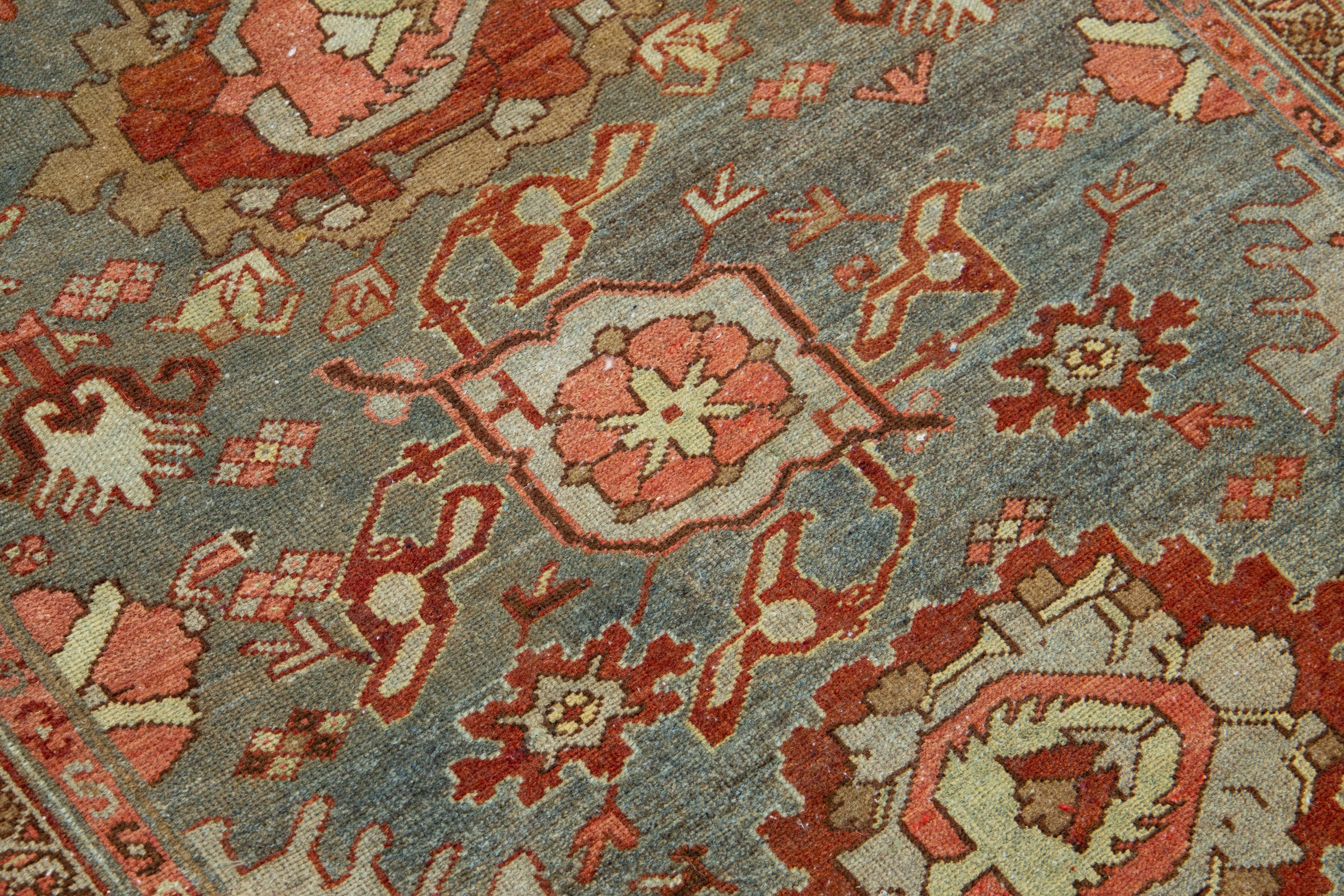 3 x 14 Antique Handmade Heriz Wool Runner In Blue With Floral Design For Sale 2