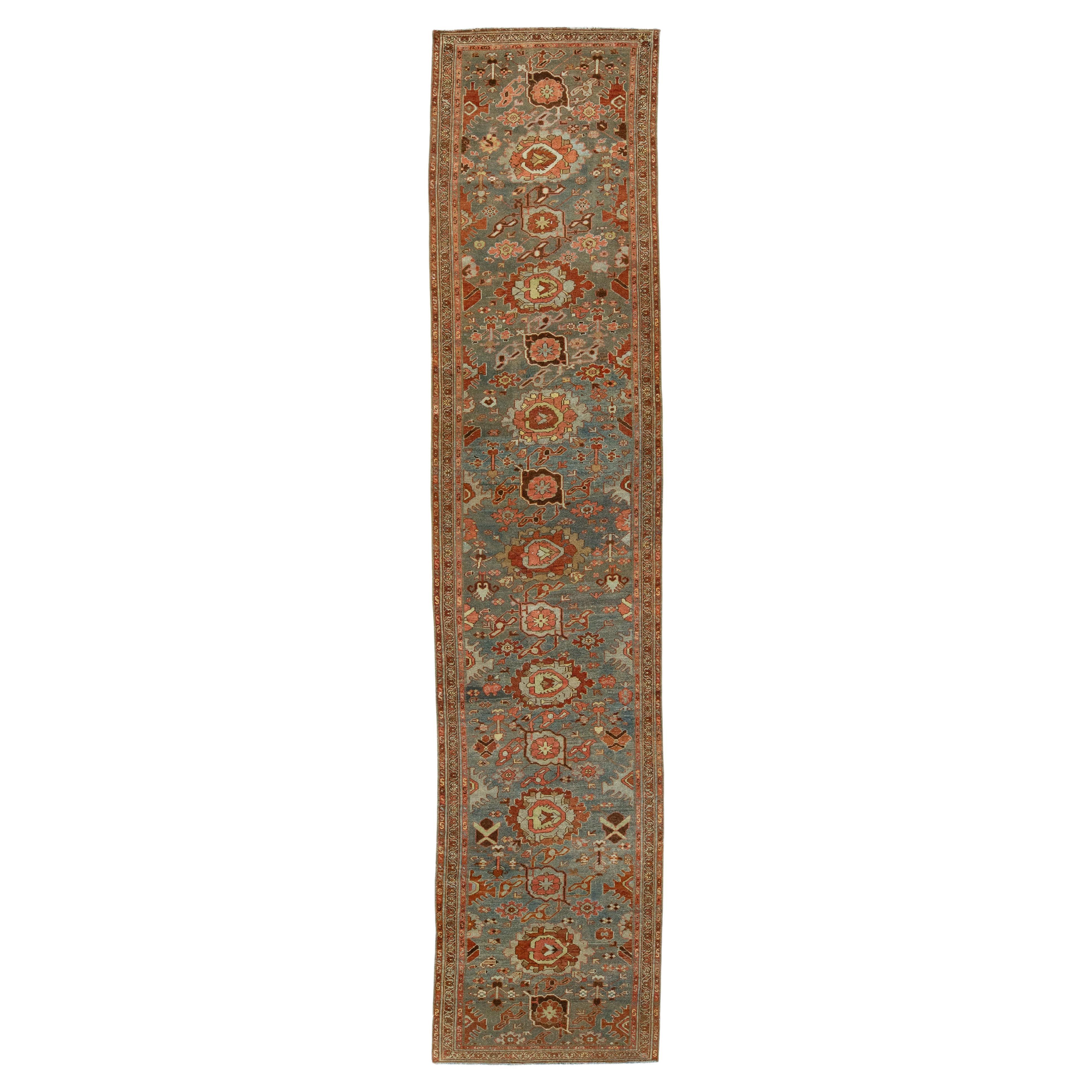 3 x 14 Antique Handmade Heriz Wool Runner In Blue With Floral Design For Sale