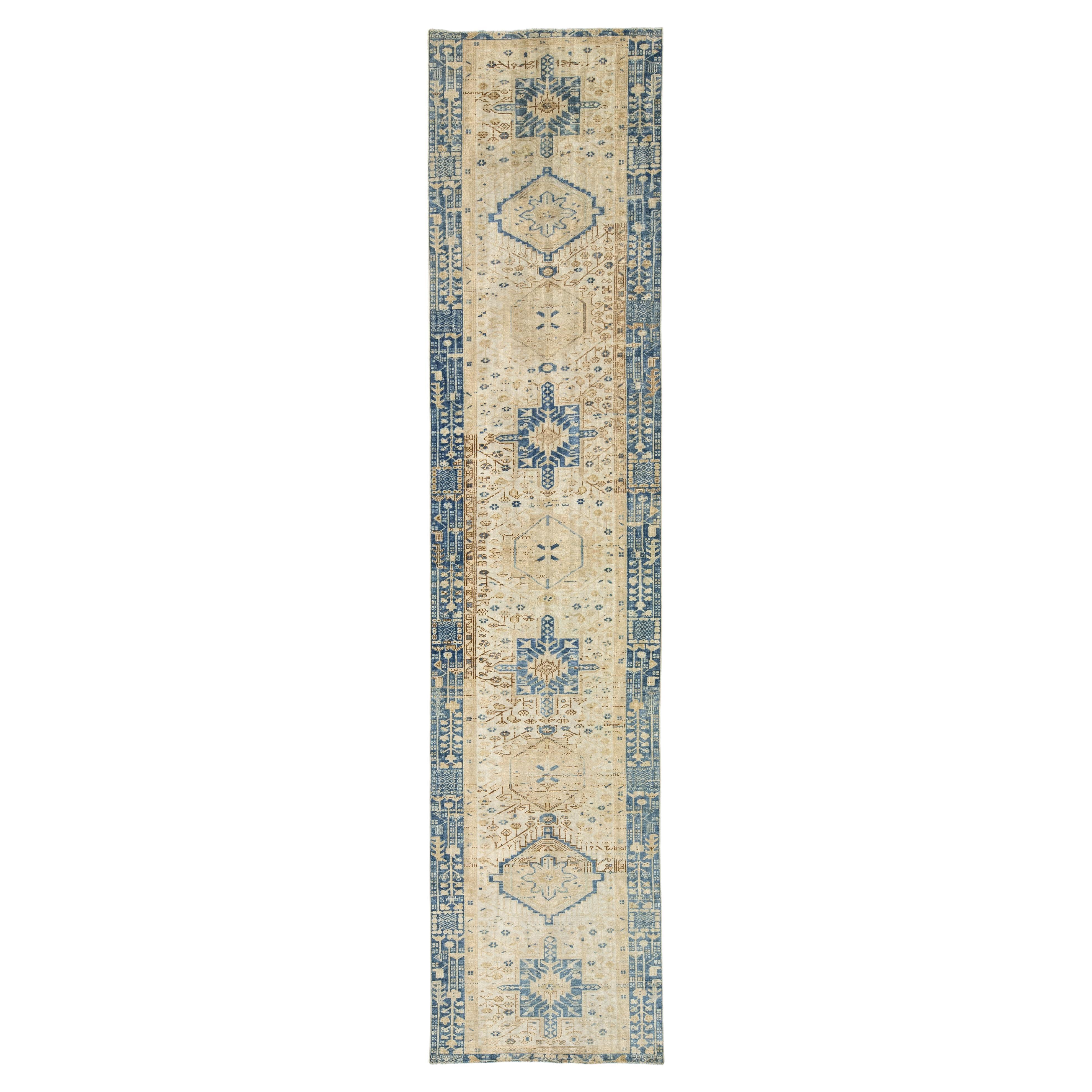 3 x 14 Antique Heriz Runner - Muted Blue 
Cream Antique Hallway Rug For Sale