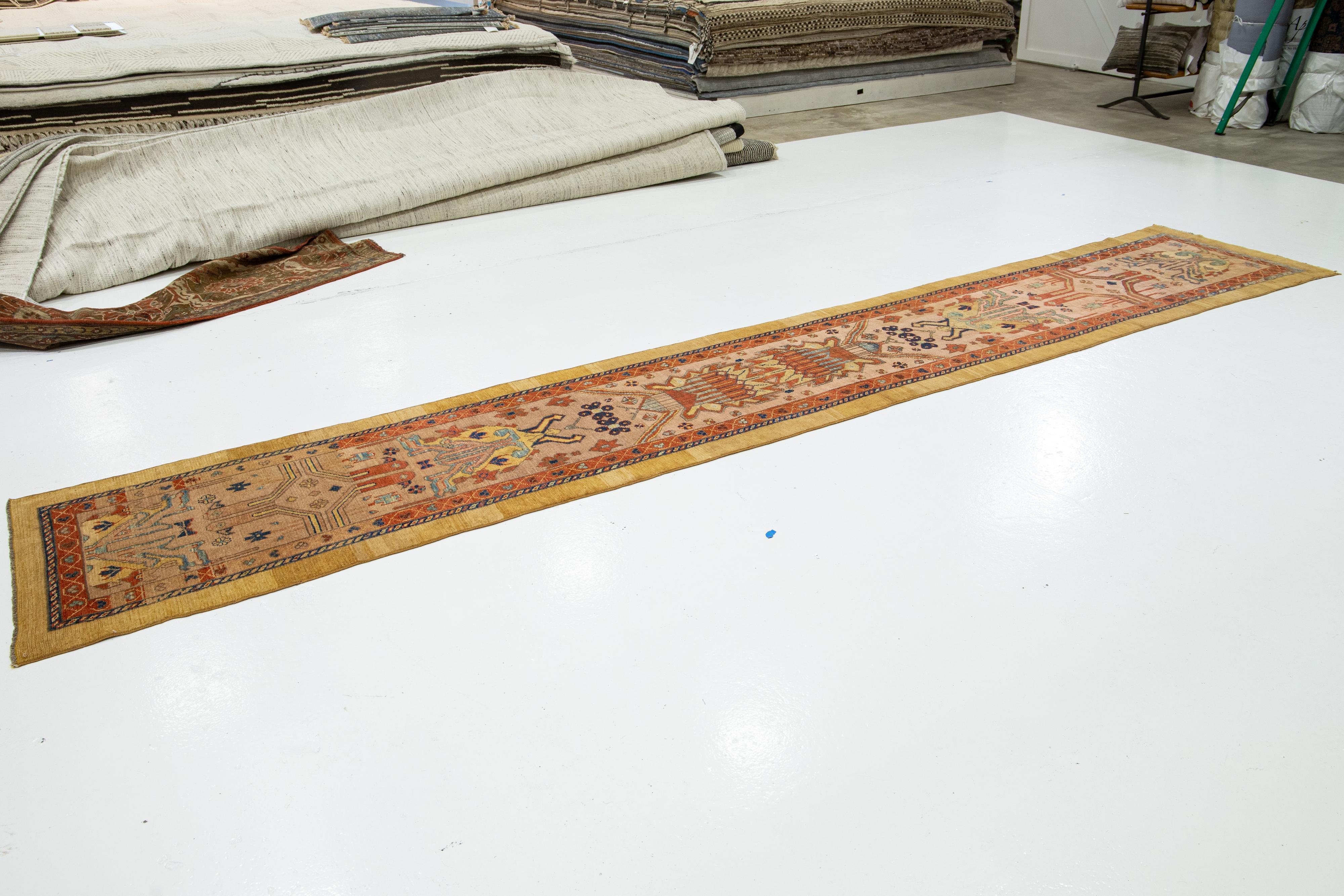 Afghan 3 x 15  Modern Peach Persian Wool Runner Featuring an Allover Design For Sale