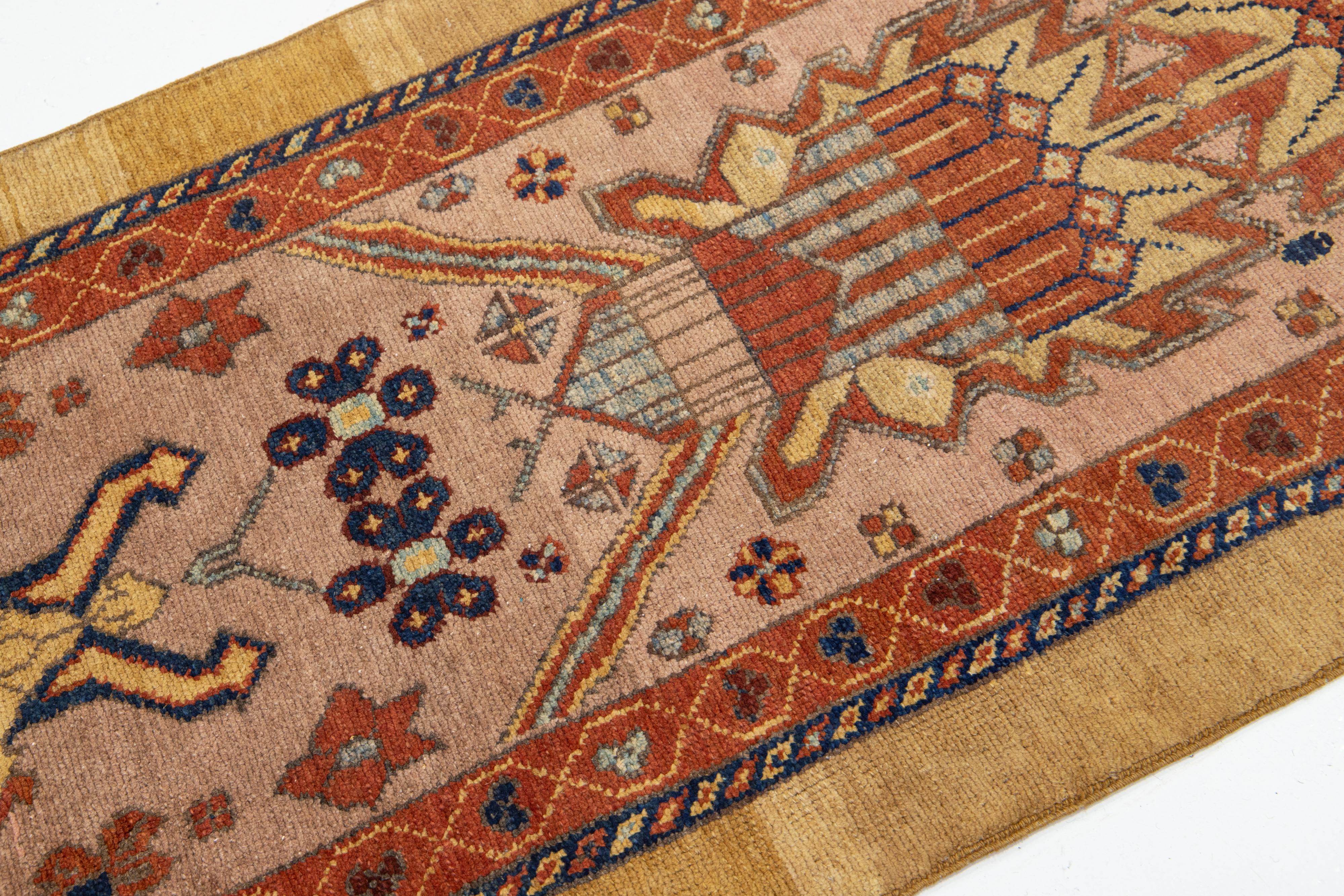 Hand-Knotted 3 x 15  Modern Peach Persian Wool Runner Featuring an Allover Design For Sale