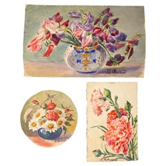 3 x 1900's Französisch Impressionist signiert Blume Aquarelle von Marie Carreau