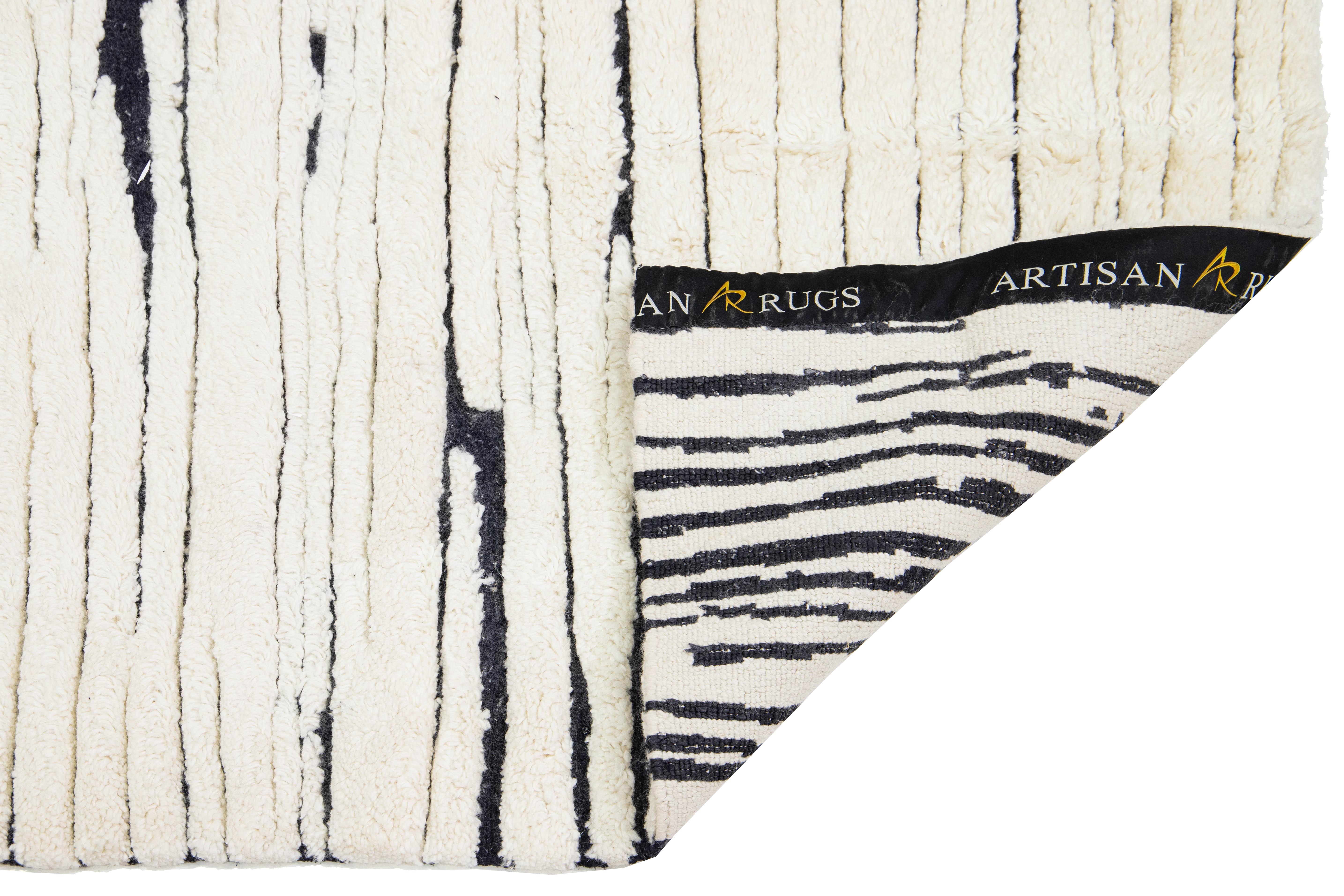 Organic Modern 3 x 29 Contemporary Ivory Moroccan Style Handmade Long Wool Runner For Sale
