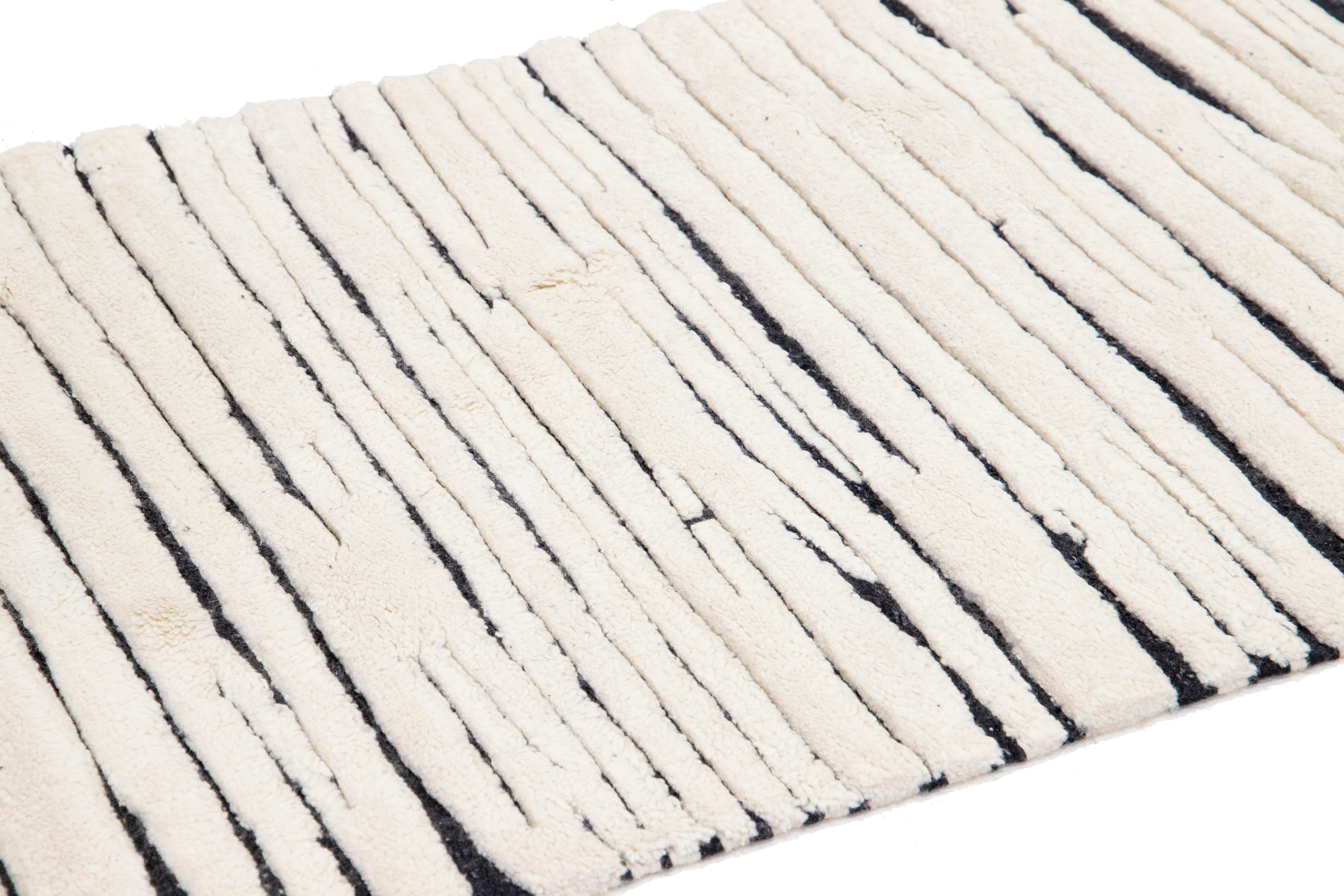 Hand-Knotted 3 x 29 Contemporary Ivory Moroccan Style Handmade Long Wool Runner For Sale