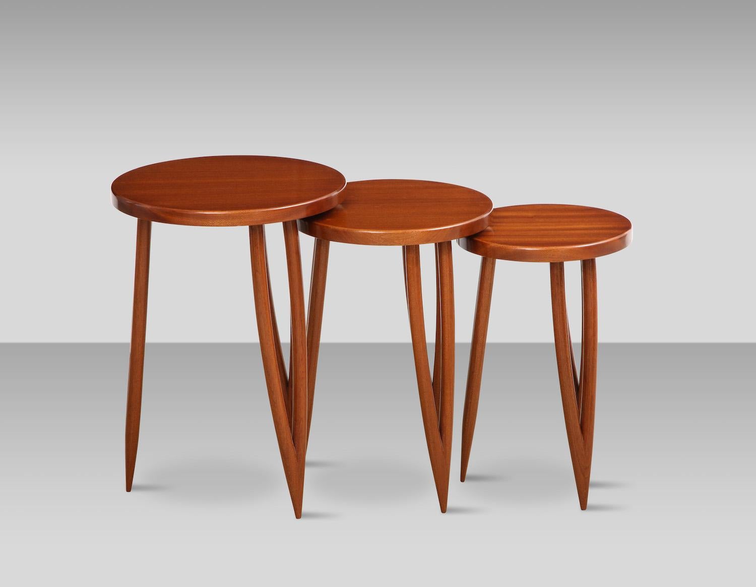 Set of 3 mahogany tables. Each with 3 hairpin legs. Made in Italy and very customizable.
Table 1: height 22”, diameter 16”
Table 2: height 20”, diameter 14”
Table 3: height 18.5”, diameter 12”.