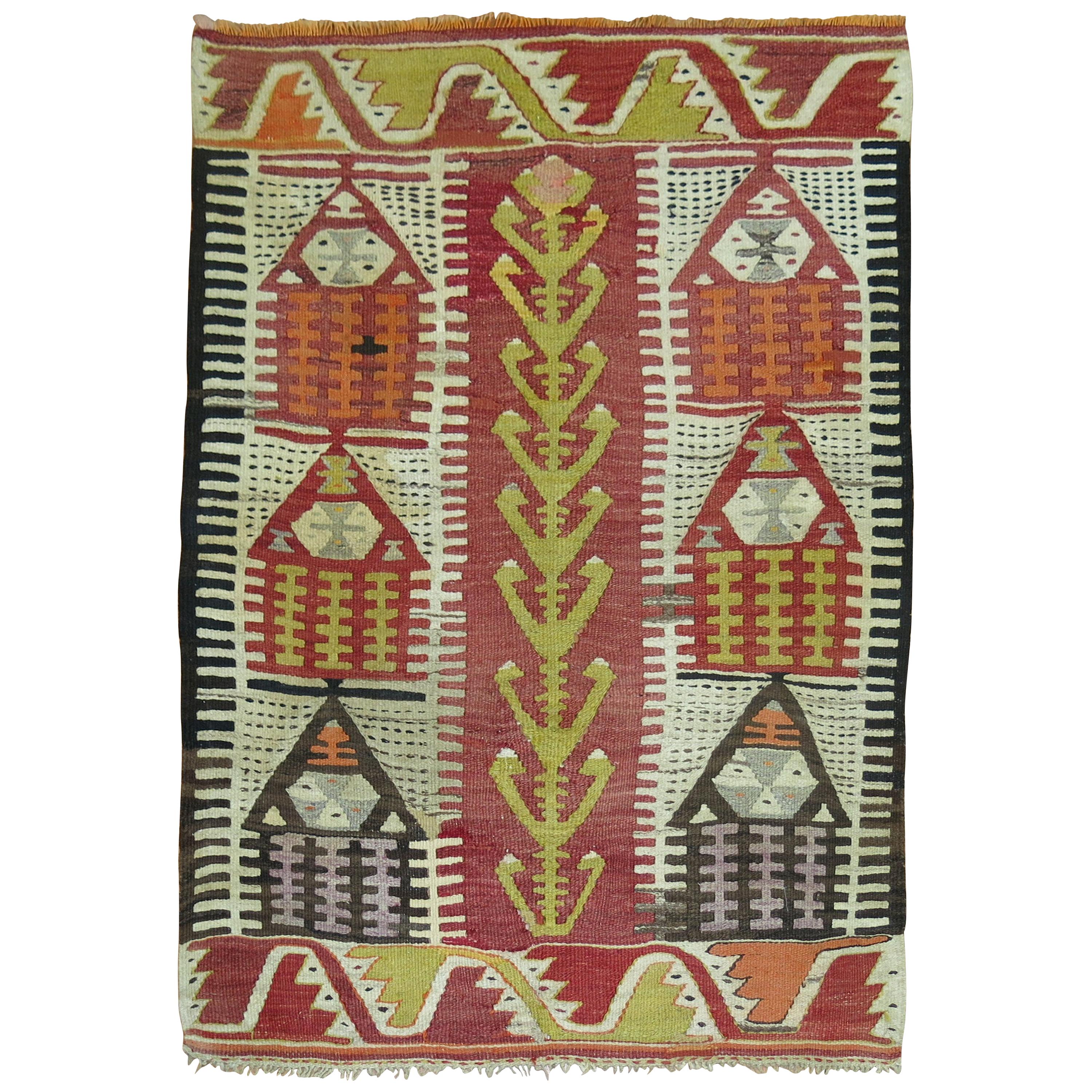 Throw Size 20th Century Hand Knotted Turkish Prayer Kilim Flat-Weave For Sale