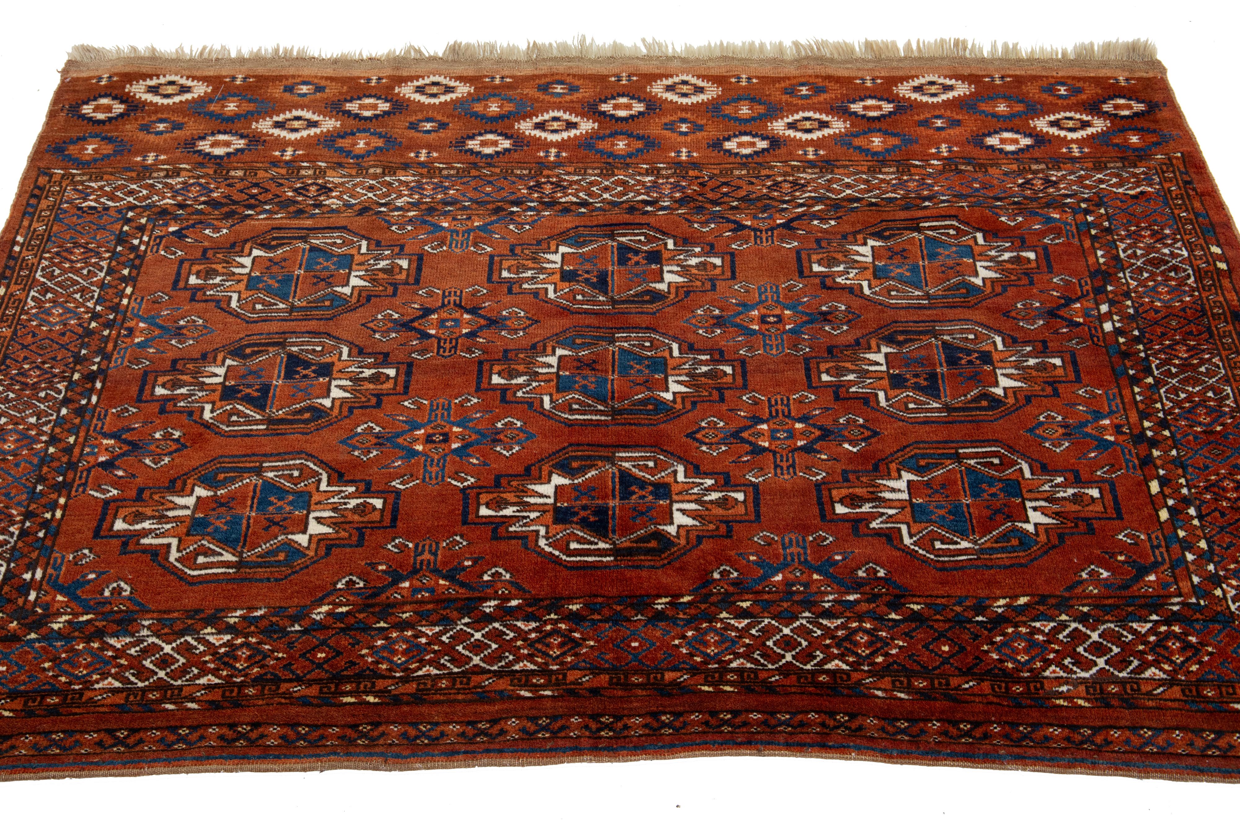 3 x 5 Antique Persian Turkmen Wool Rug In Rust Color With Allover Gul Pattern In Good Condition For Sale In Norwalk, CT