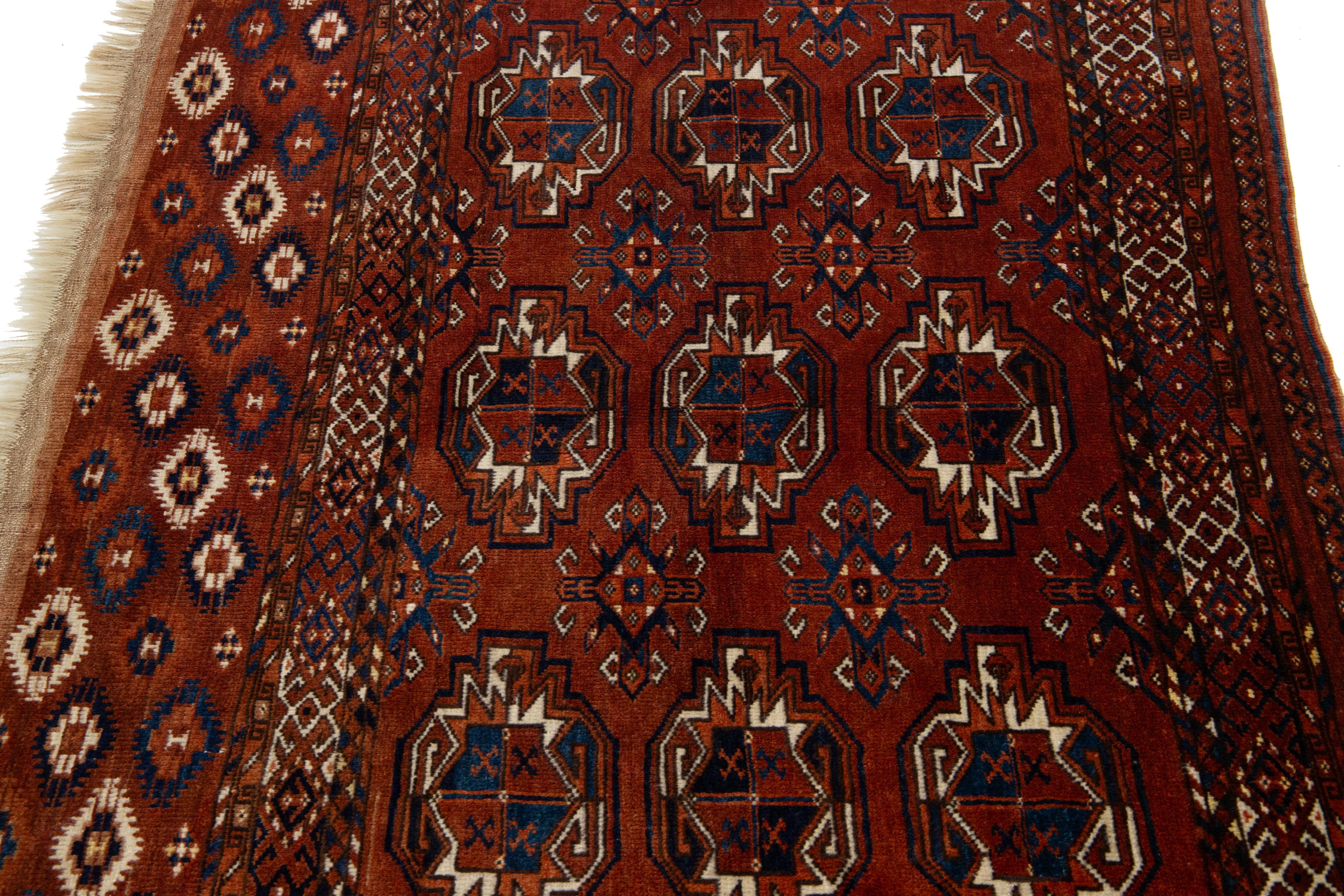 3 x 5 Antique Persian Turkmen Wool Rug In Rust Color With Allover Gul Pattern For Sale 1