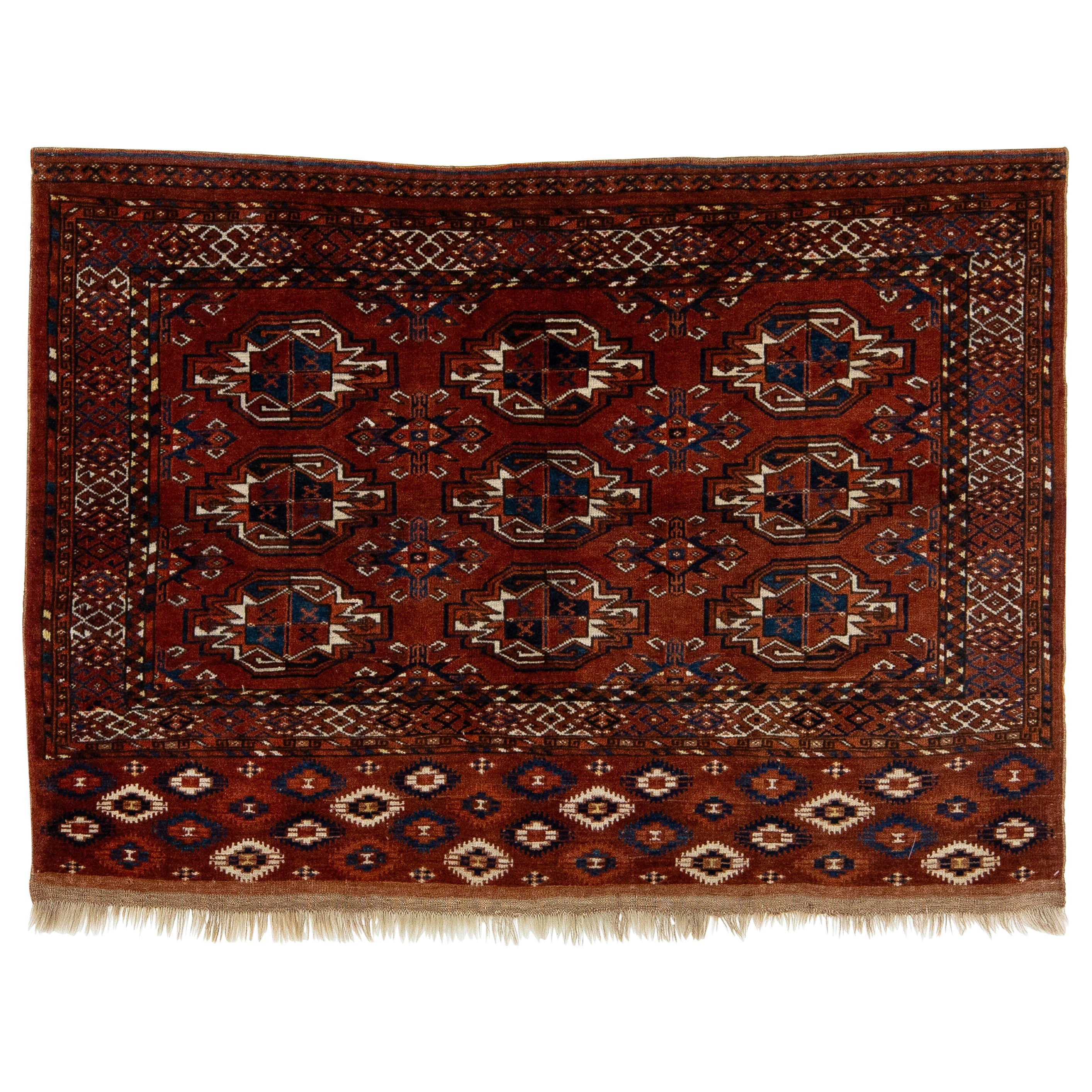 3 x 5 antiker persischer Turkmen-Wollteppich aus Turkmen in Rostfarbe mit Allover Gul-Muster im Angebot