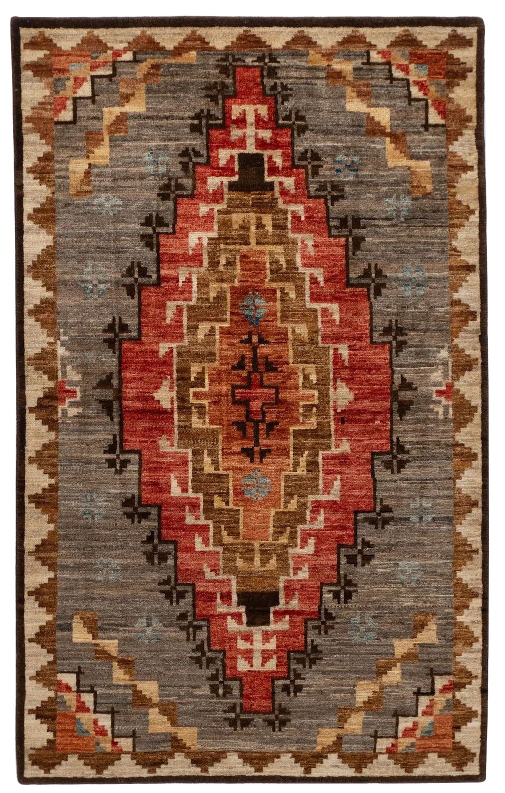 3' x 5' Hand-Knotted Afghan Southwestern Wool Rug – Tribal Geometric Medallion