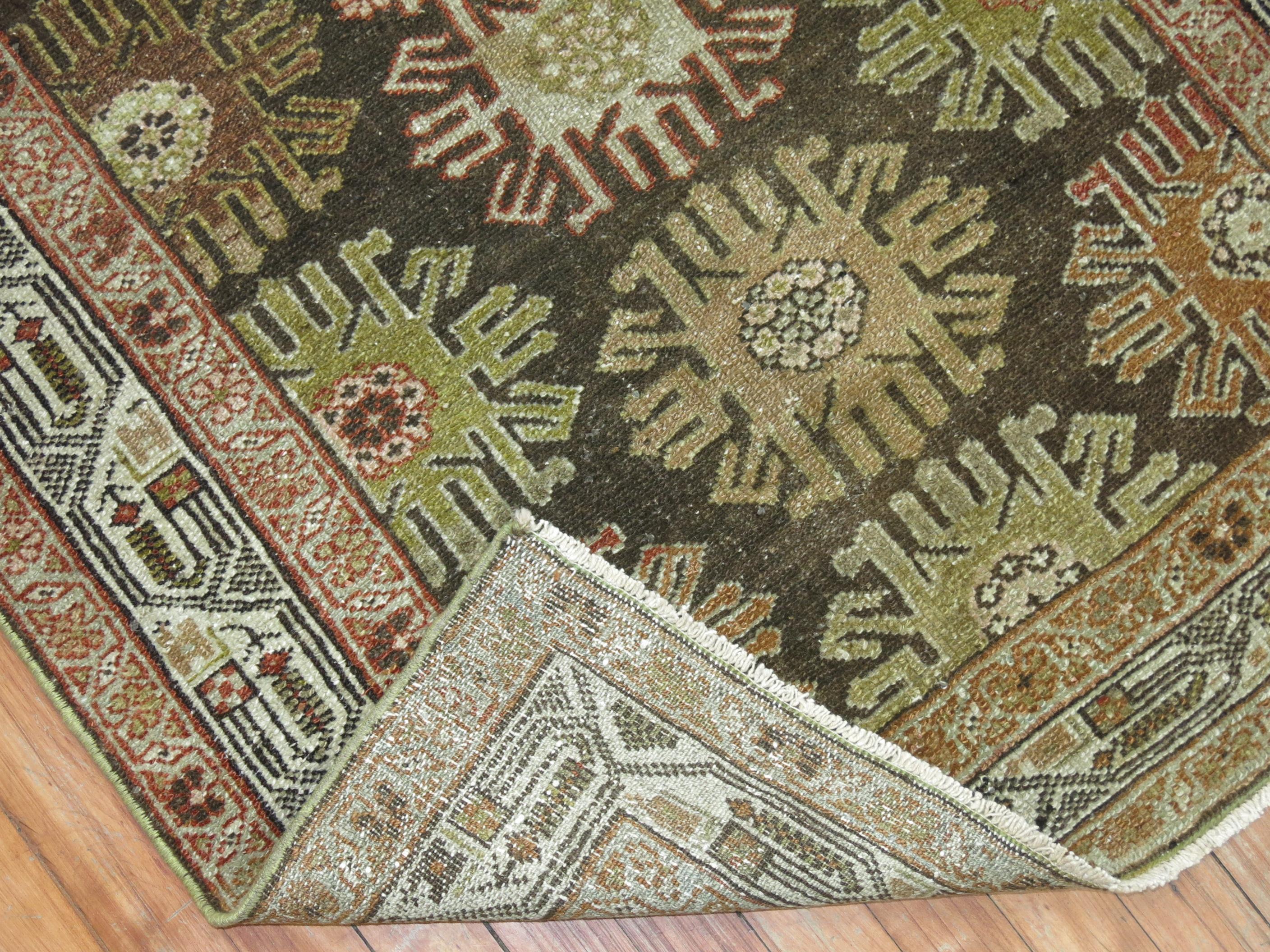 Rustic Charcoal Green Brown Traditional Wool Persian Malayer Decorative Runner