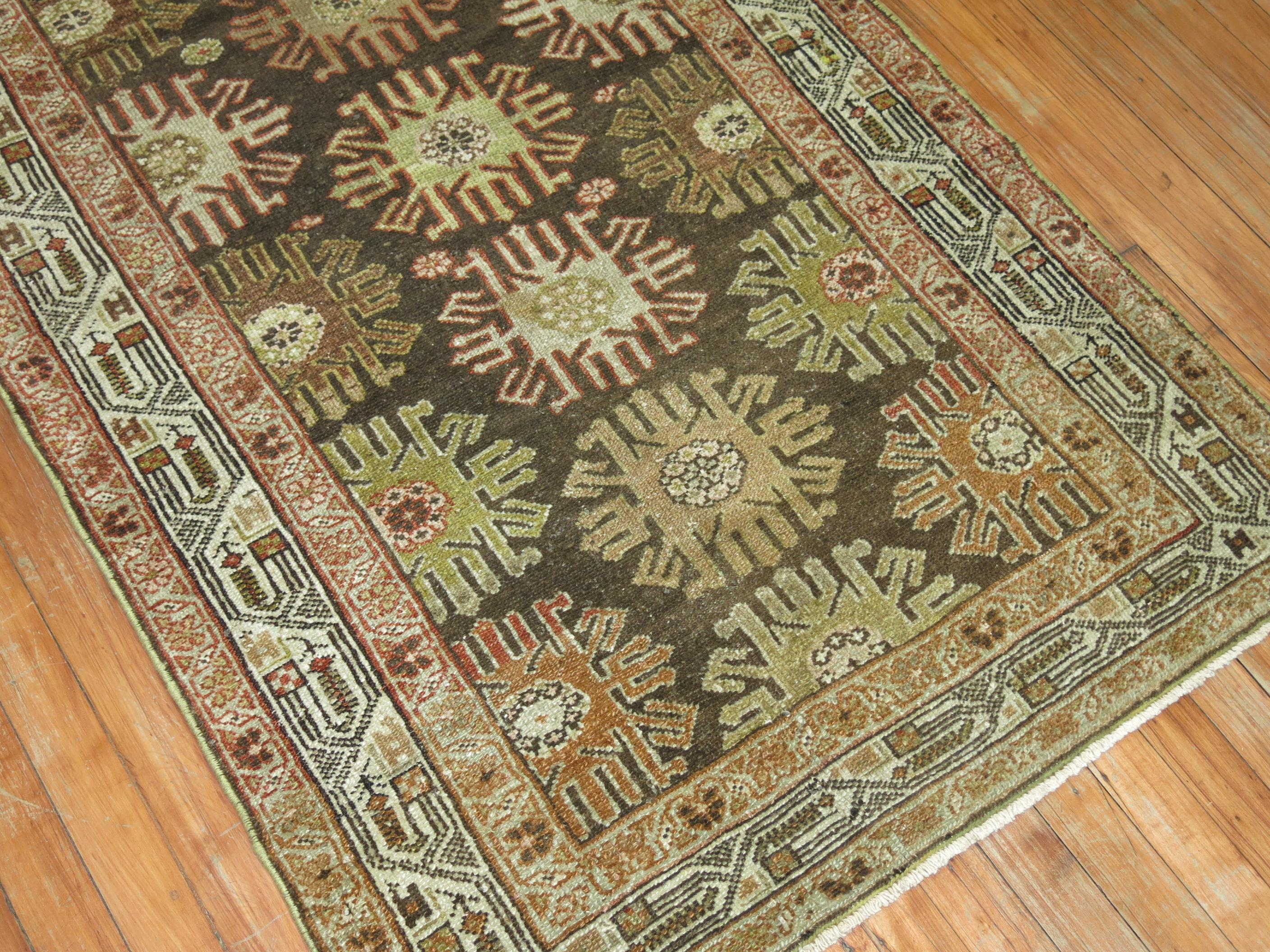 Hand-Knotted Charcoal Green Brown Traditional Wool Persian Malayer Decorative Runner