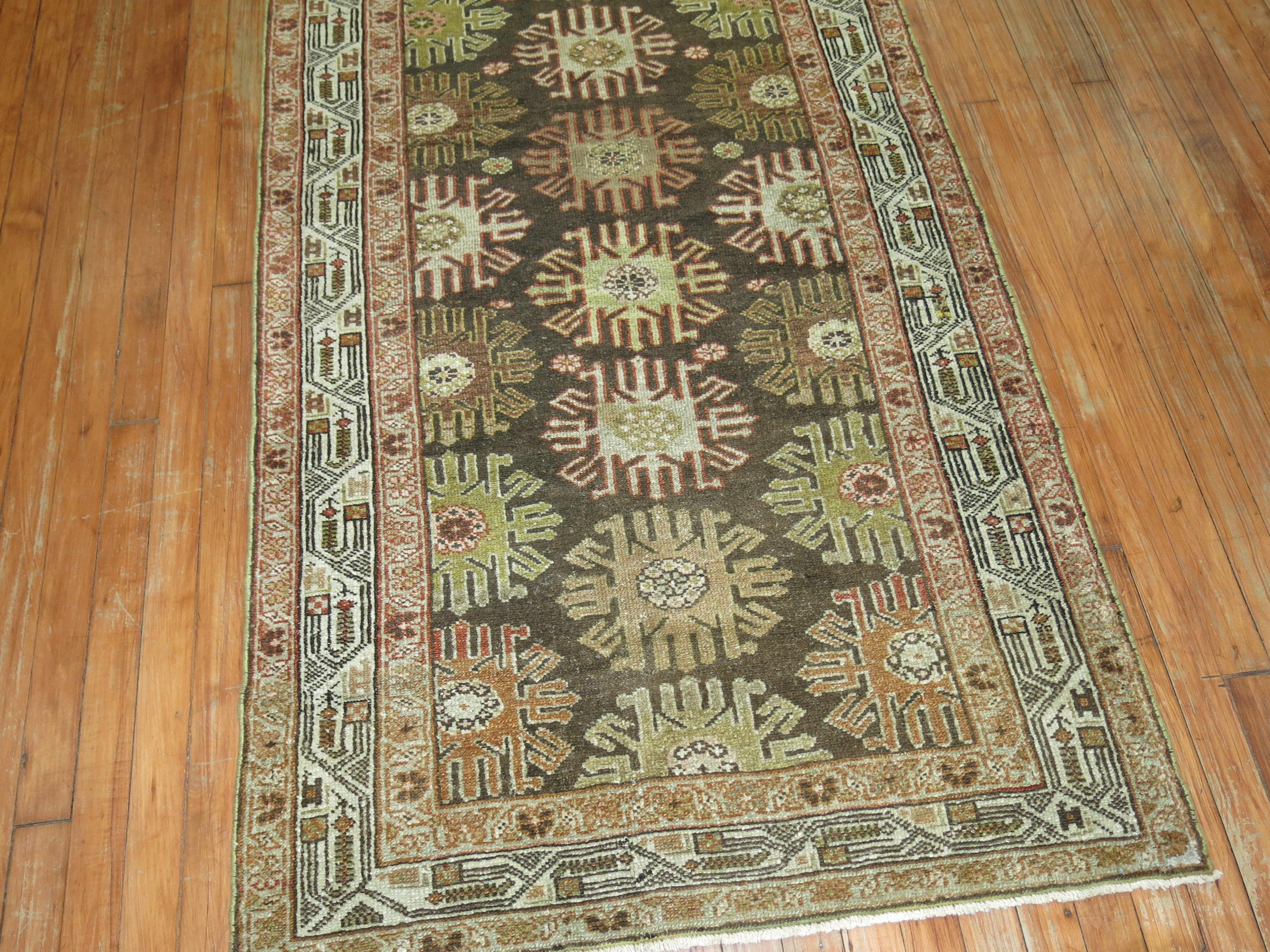 Early 20th Century Charcoal Green Brown Traditional Wool Persian Malayer Decorative Runner