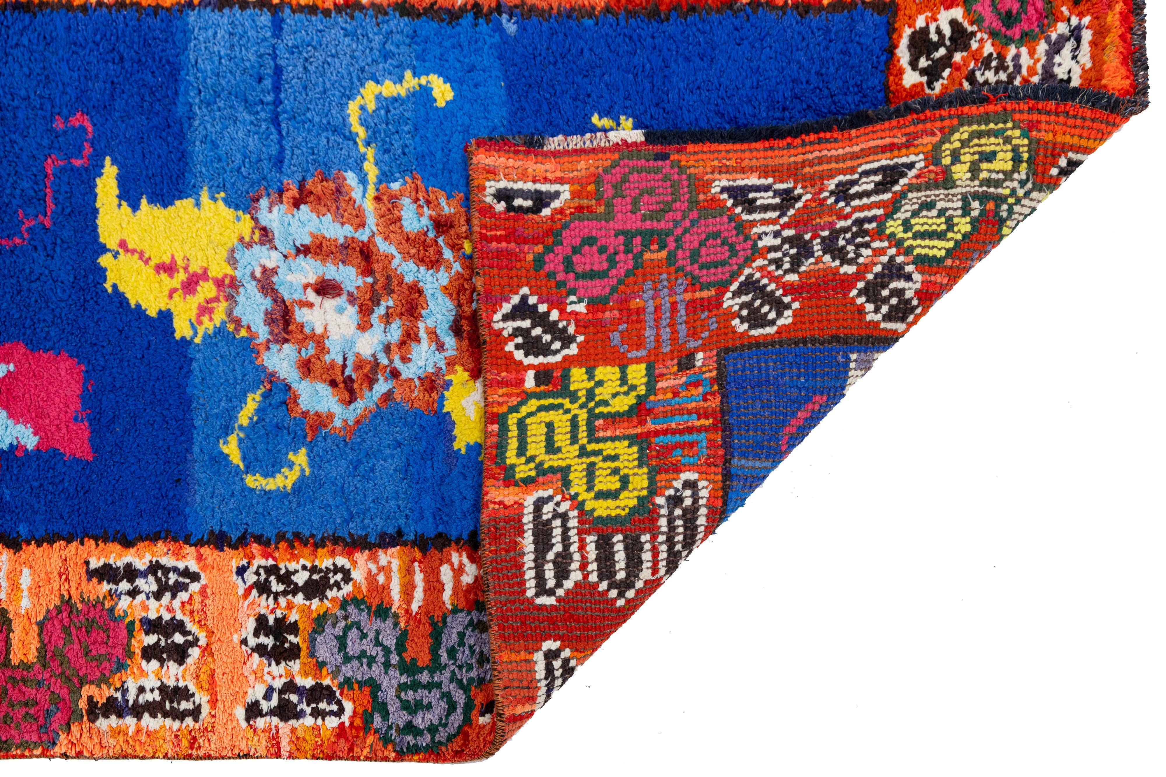 3 x 6 Läufer aus türkisch-blauer Wolle mit lebhaften abstrakten Motiven (Moderne der Mitte des Jahrhunderts) im Angebot