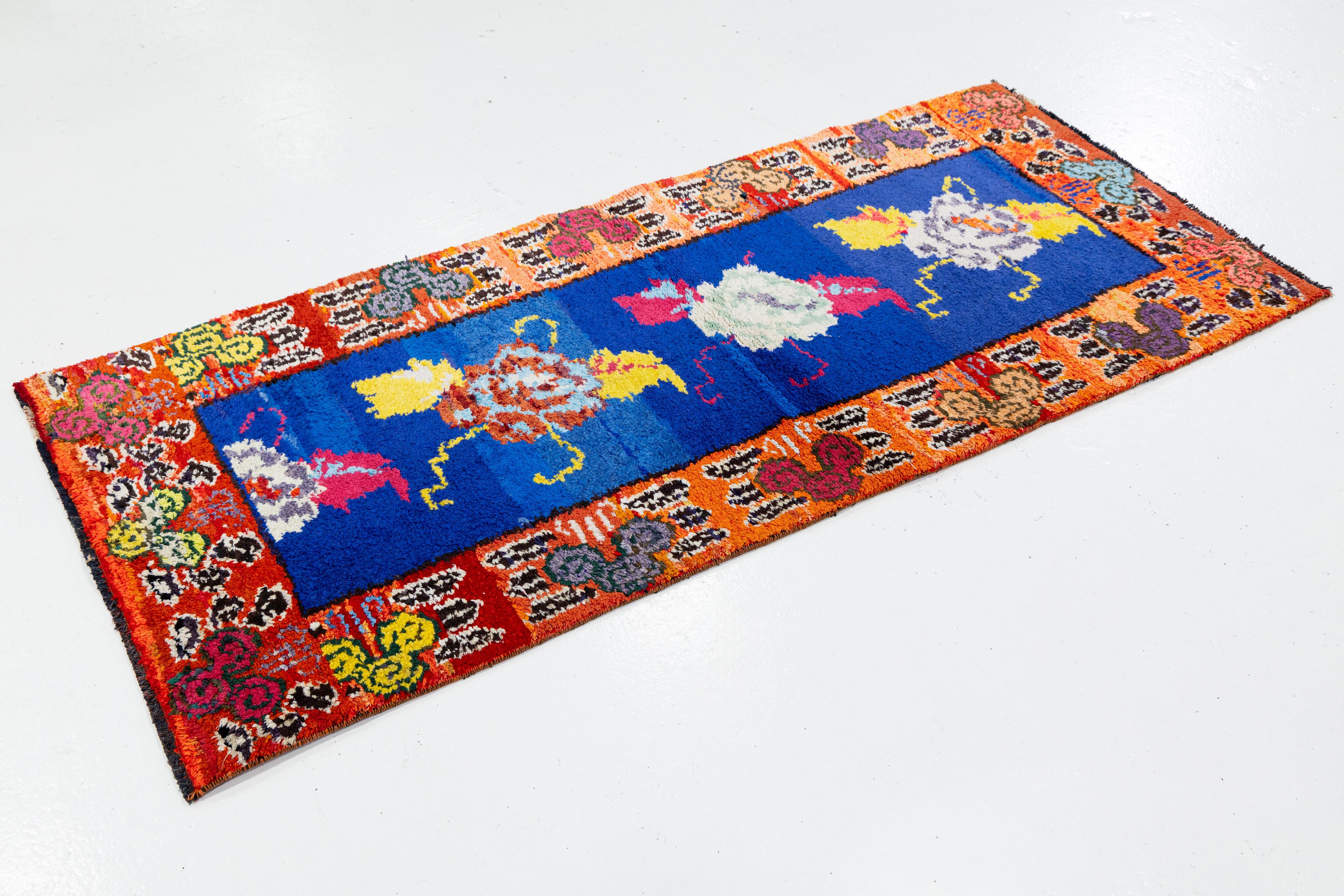 3 x 6 Läufer aus türkisch-blauer Wolle mit lebhaften abstrakten Motiven (Türkisch) im Angebot