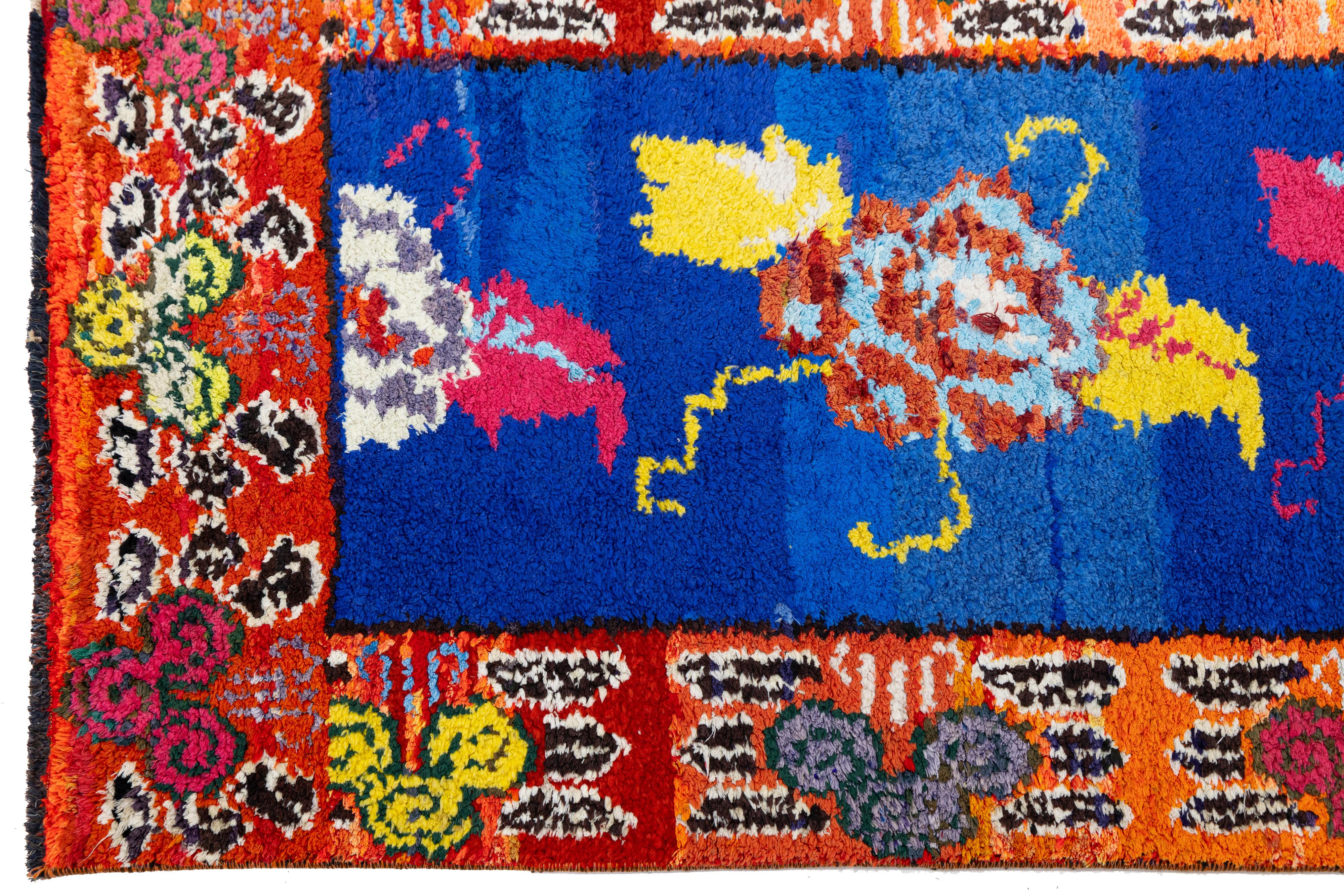 3 x 6 Läufer aus türkisch-blauer Wolle mit lebhaften abstrakten Motiven (20. Jahrhundert) im Angebot