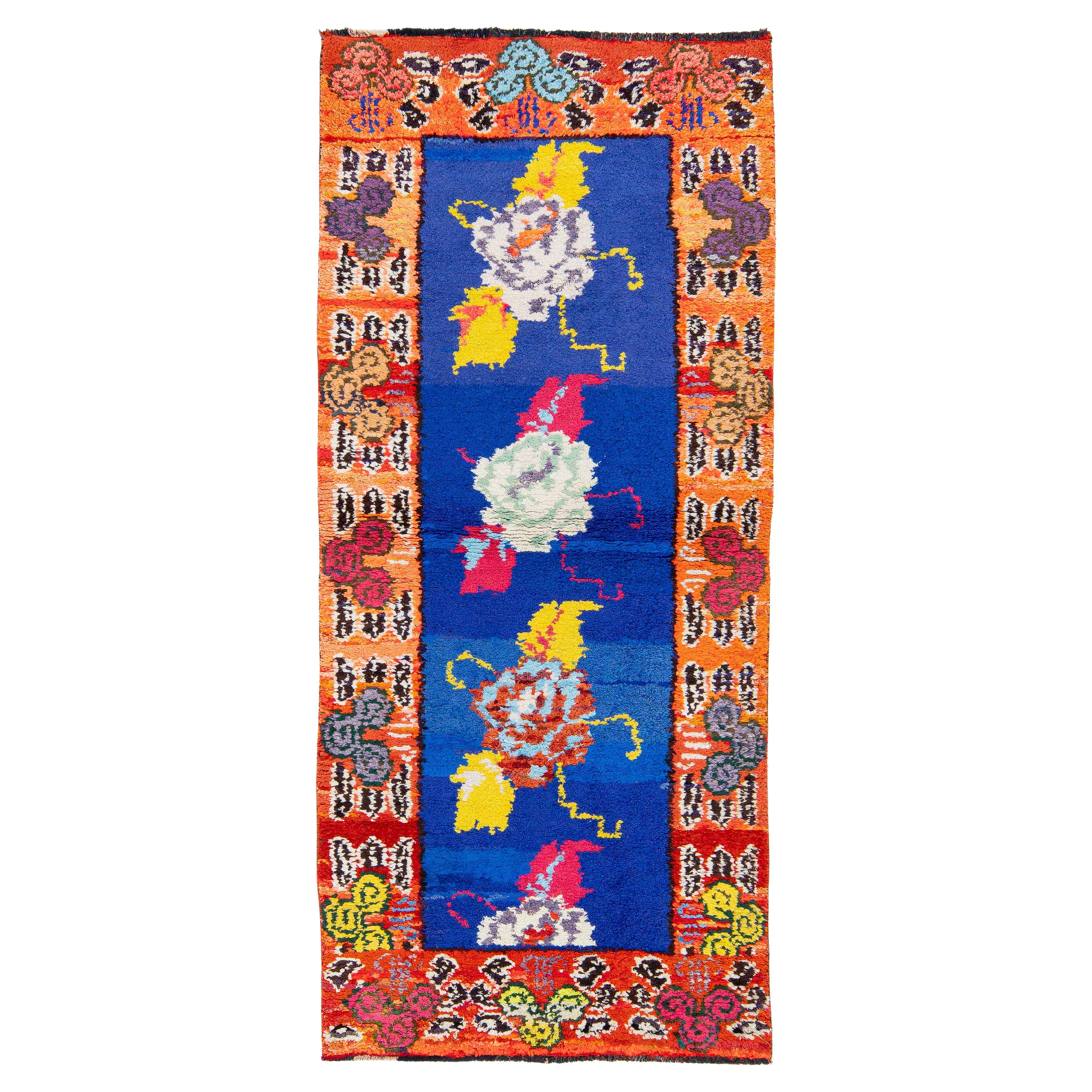 Runner in lana blu turco vintage 3 x 6 con vivaci motivi astratti