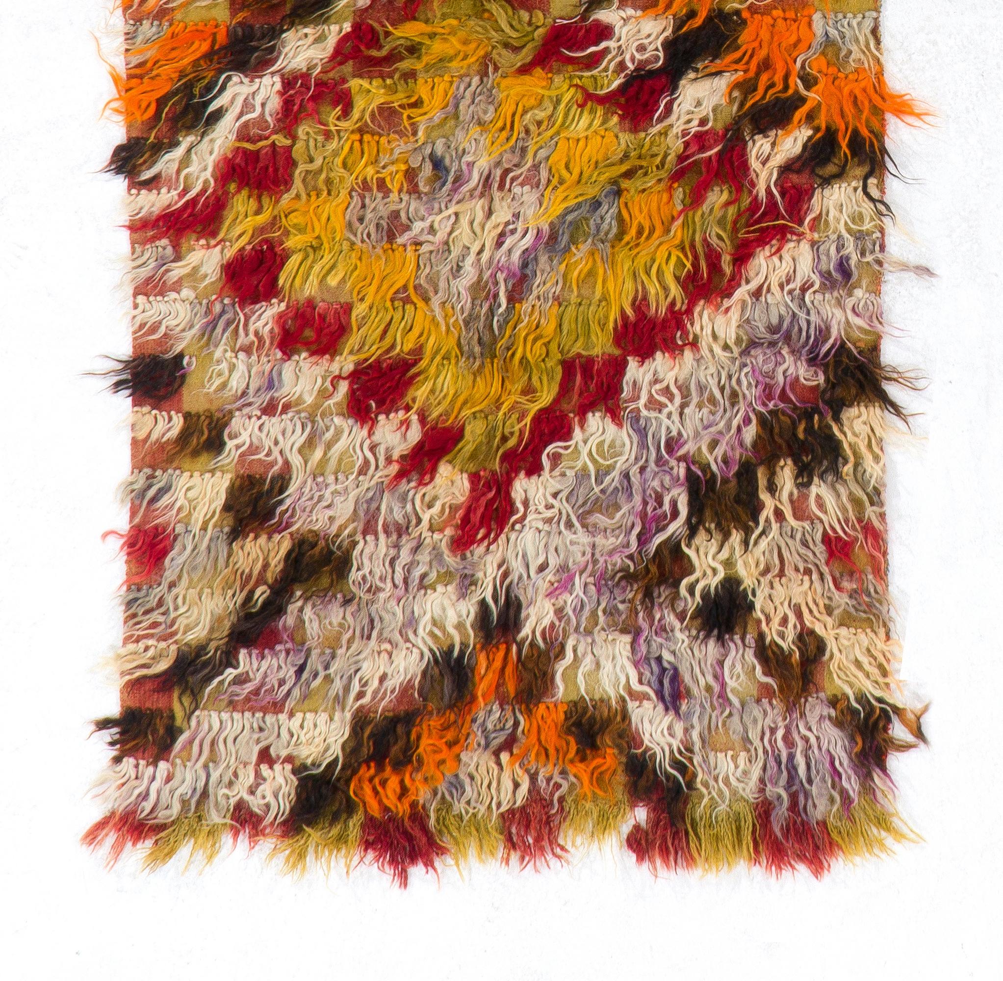 Bohemian 3'x6'3'' Mid Century Shag Pile Mohair Tulu Rug, One of a Kind Colorful Runner For Sale