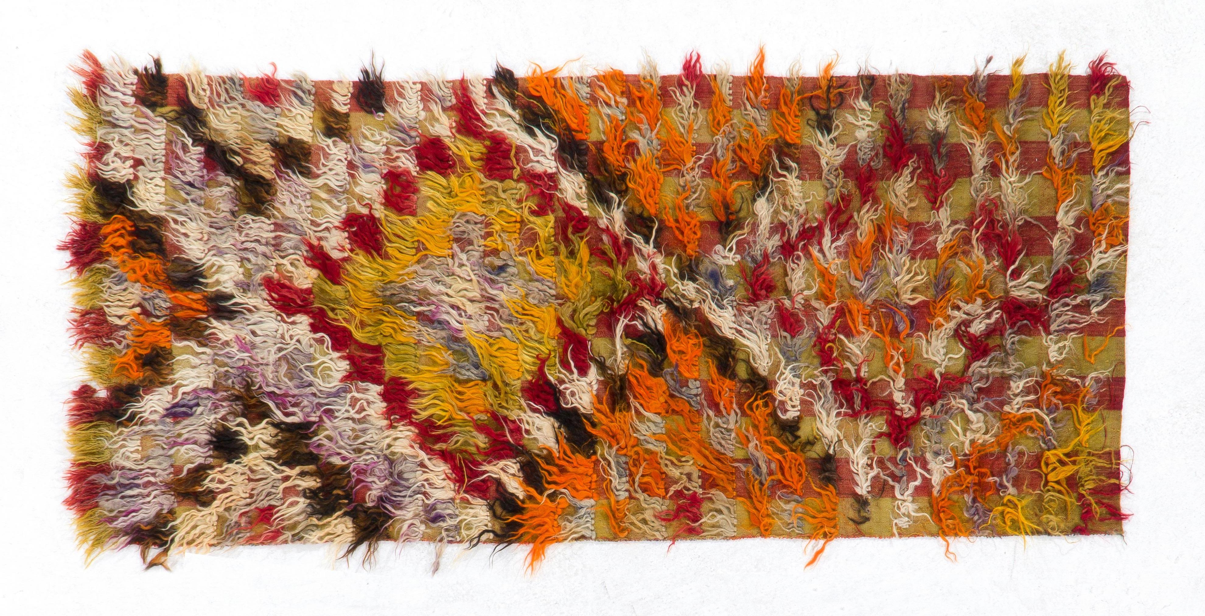 Hand-Knotted 3'x6'3'' Mid Century Shag Pile Mohair Tulu Rug, One of a Kind Colorful Runner For Sale