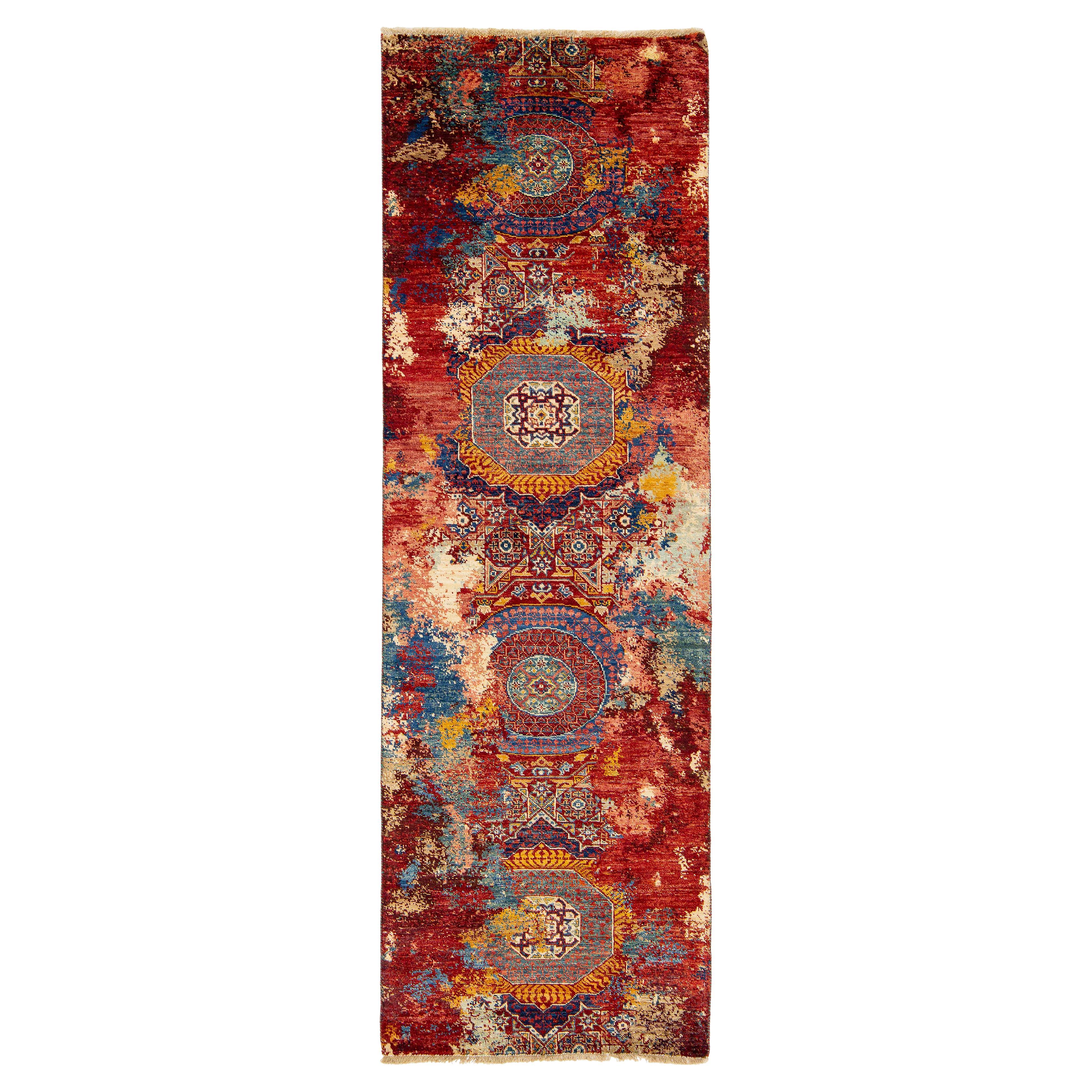 3 x 8 Transitional Wolle Teppich handgefertigt in Rot mit Allover-Design im Angebot