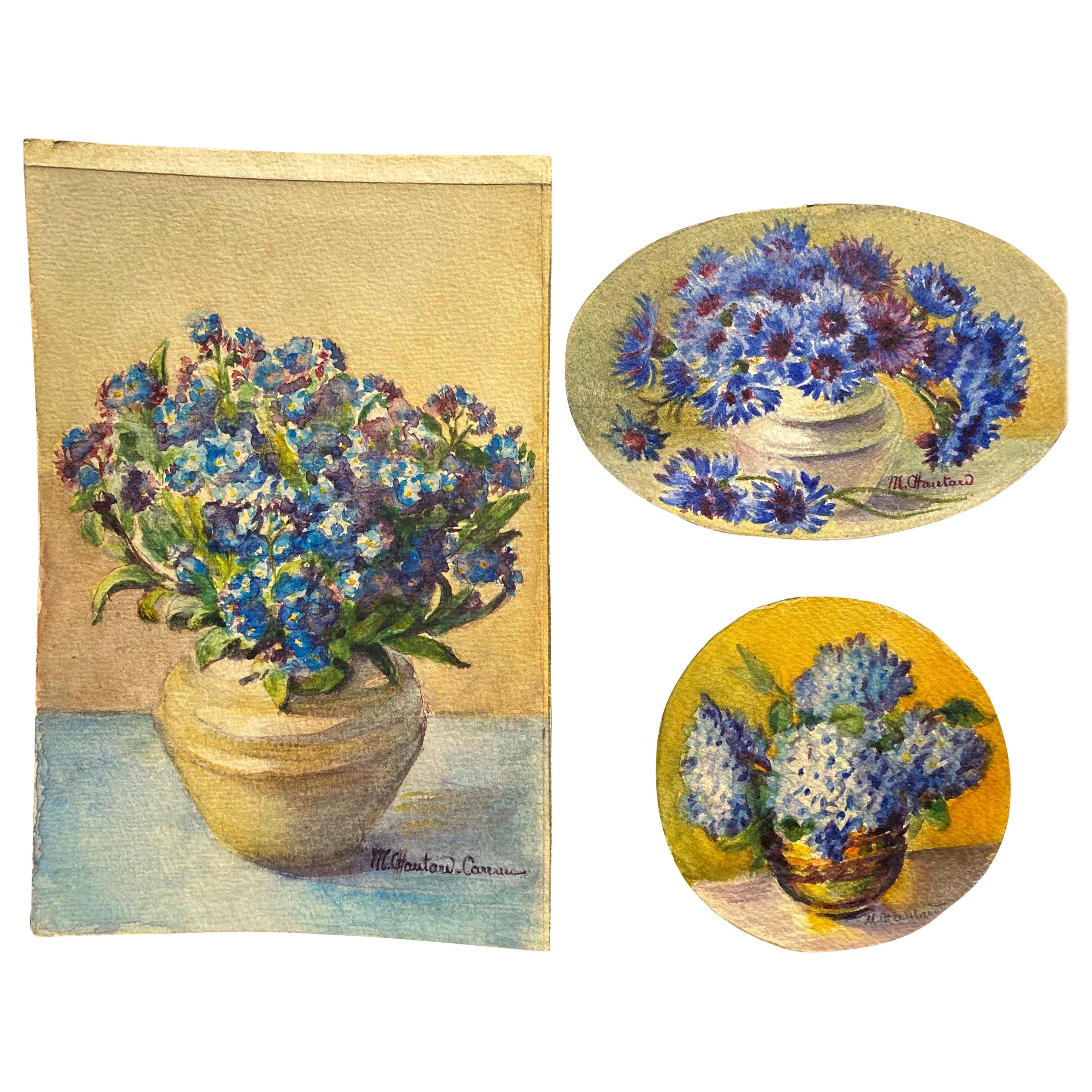 3 x Aquarelles de fleurs signées Marie Carreau, impressionniste française du début des années 1900