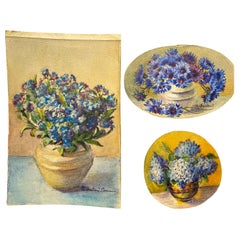 3 x frühe 1900's Französisch Impressionist signiert Blume Aquarelle Marie Carreau