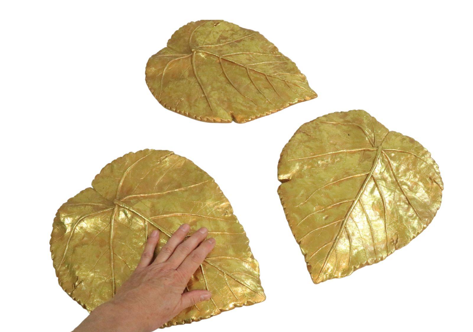 Mid-Century Modern 3 x Wall Decoration, Golden Leaves, 1970s For Sale